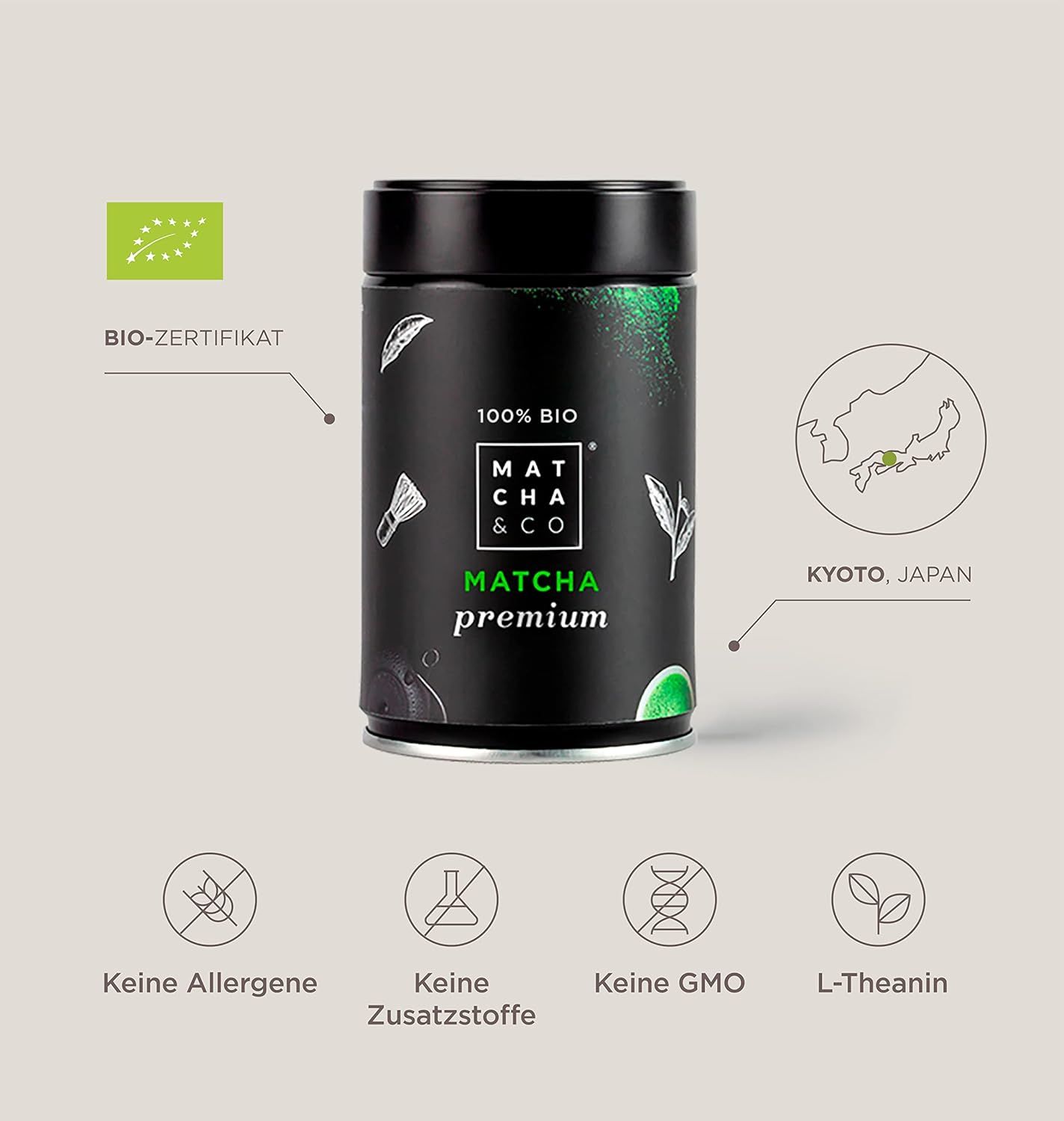 Barattolo nero con matcha verde. Loghi: Certificato biologico, Kyoto, Giappone, Senza allergeni, Senza additivi, Senza OGM, L-Teanina.