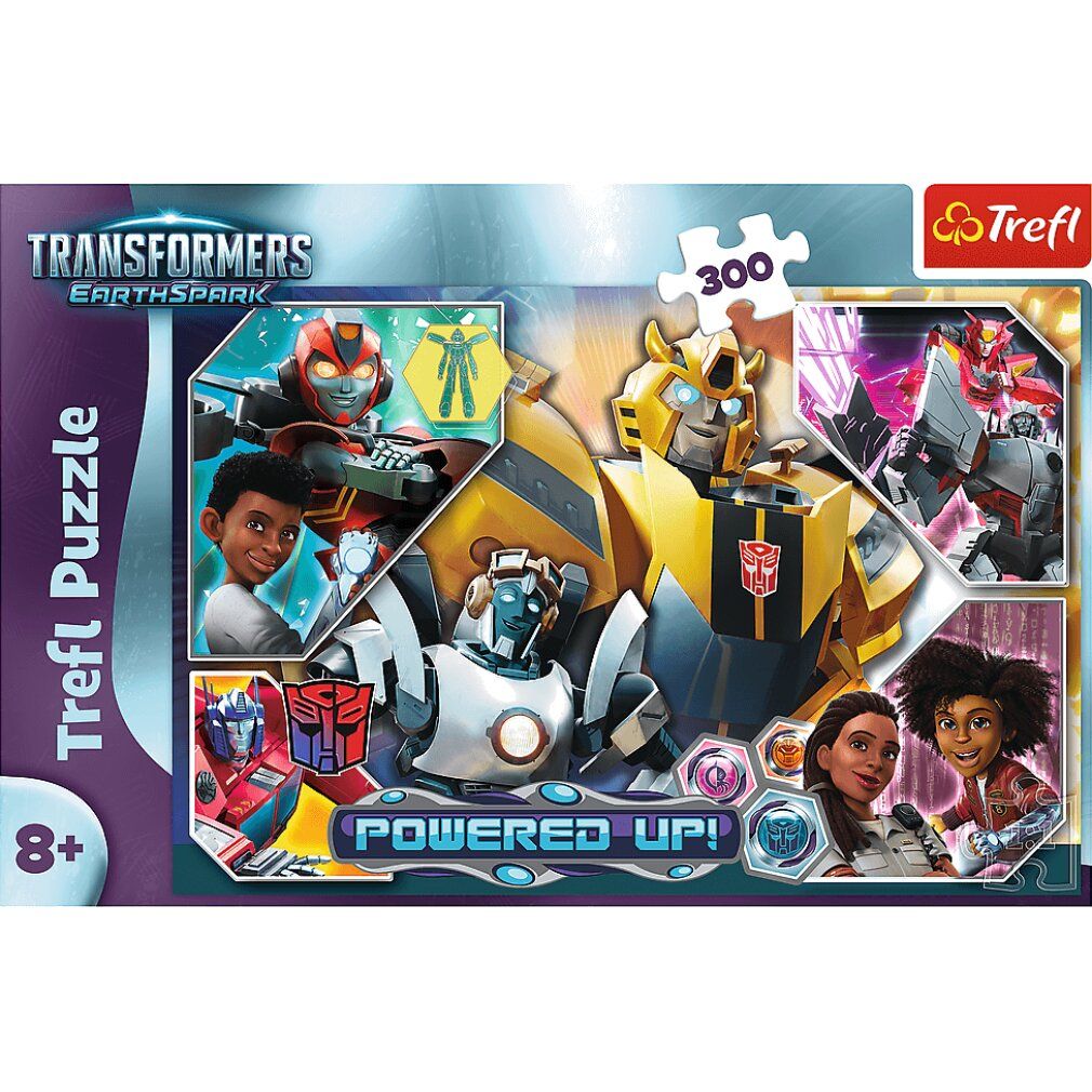 Puzzle Trefl Transformers, 300 pezzi. Confezione con personaggi e logo.