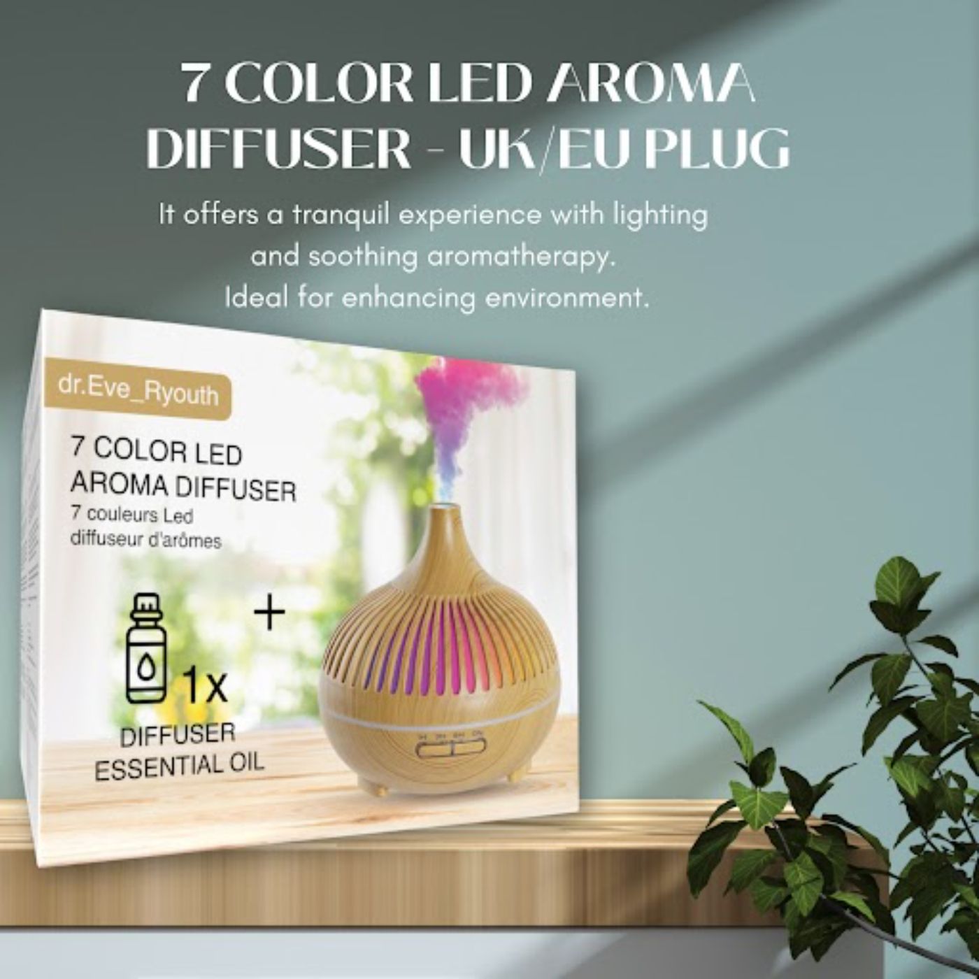Confezione di un diffusore di aromi LED a 7 colori con olio essenziale.