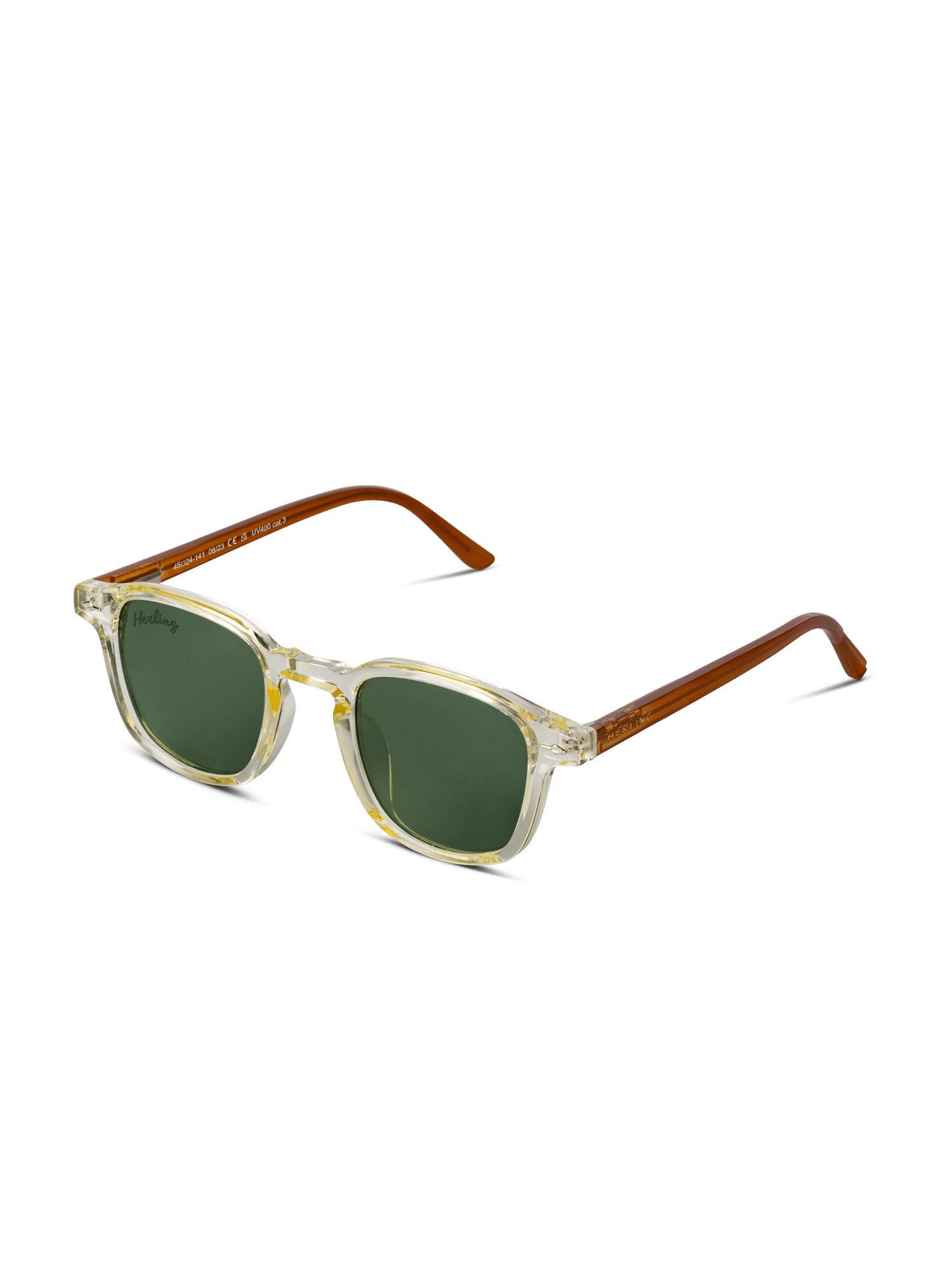 Occhiali da sole con montatura trasparente e aste marroni. Lenti verdi. Marchio 'Herling' sull'asta sinistra.