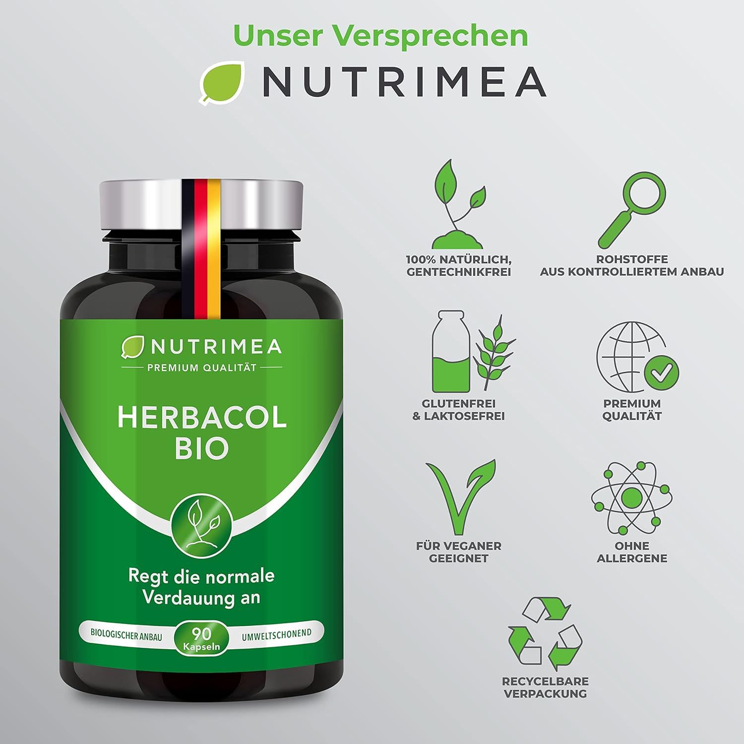 Bottiglia HERBACOL BIO con icone: naturale, senza OGM, coltivazione controllata, senza glutine, vegano, senza allergeni, riciclabile. 90 capsule.
