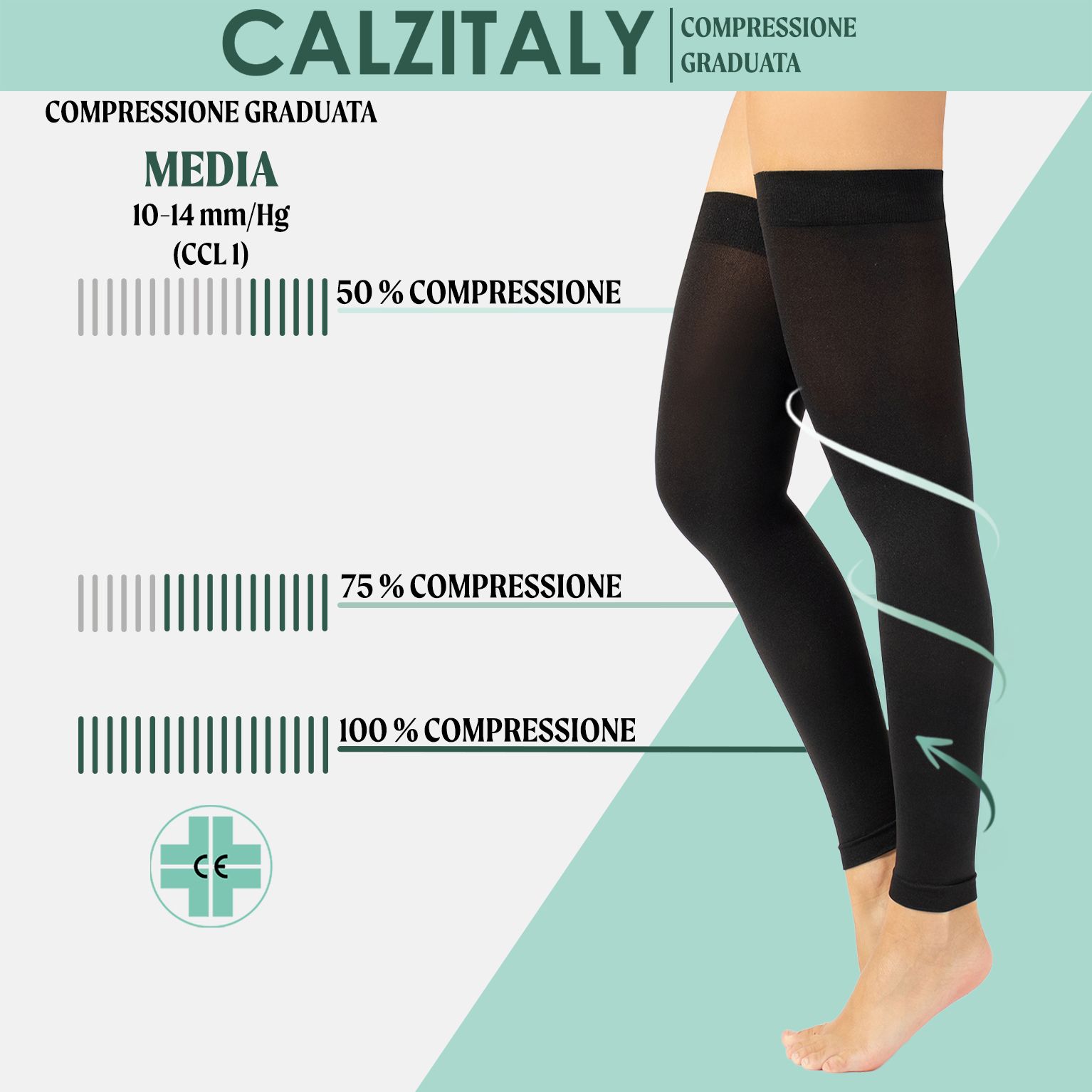 Gambali CALZITALY neri, con indicazione di compressione. 10-14 mmHg.