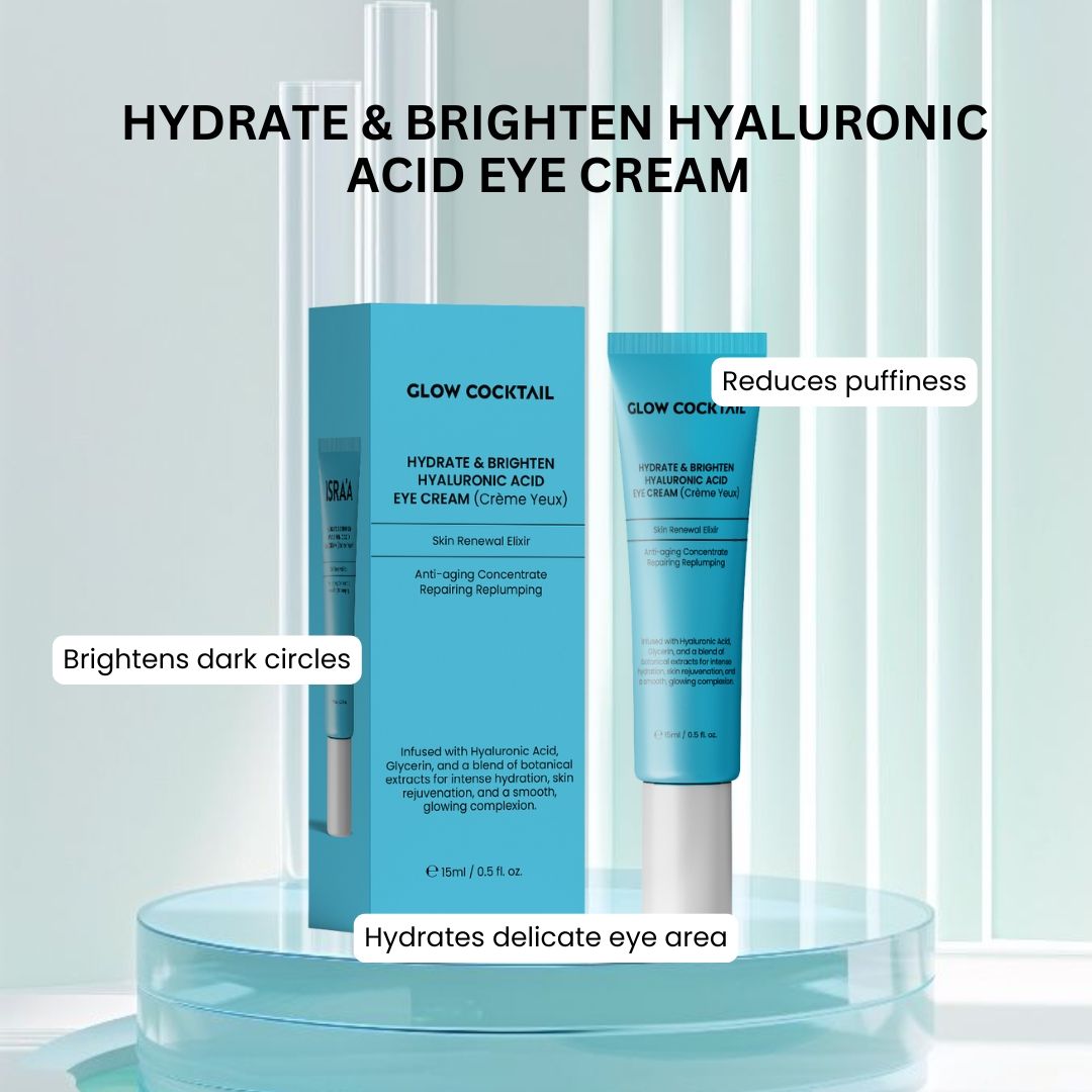 Tubo e scatola blu turchese. Scritta: Glow Cocktail, Hydrate & Brighten Hyaluronic Acid Eye Cream. Testo: Riduce il gonfiore.