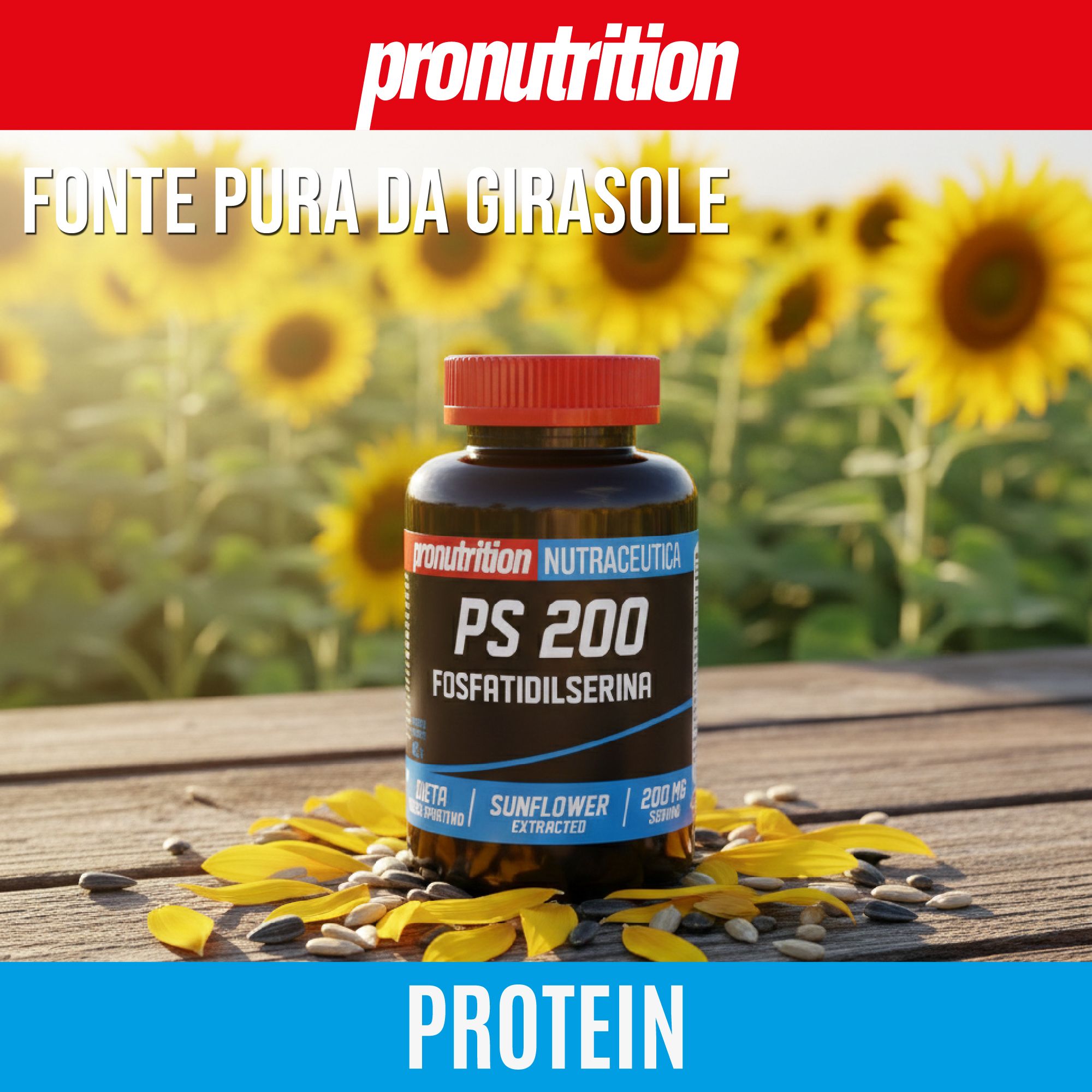 Flacone nero con tappo rosso. Scritta PS 200, Fosfatidilserina. Girasoli sullo sfondo.