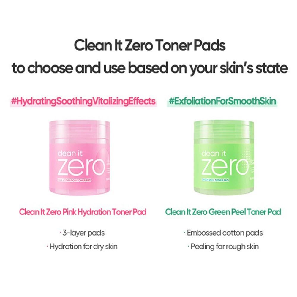 Due barattoli: Pink Hydration Toner Pad e Green Peel Toner Pad. Testo: Clean it Zero Toner Pads.