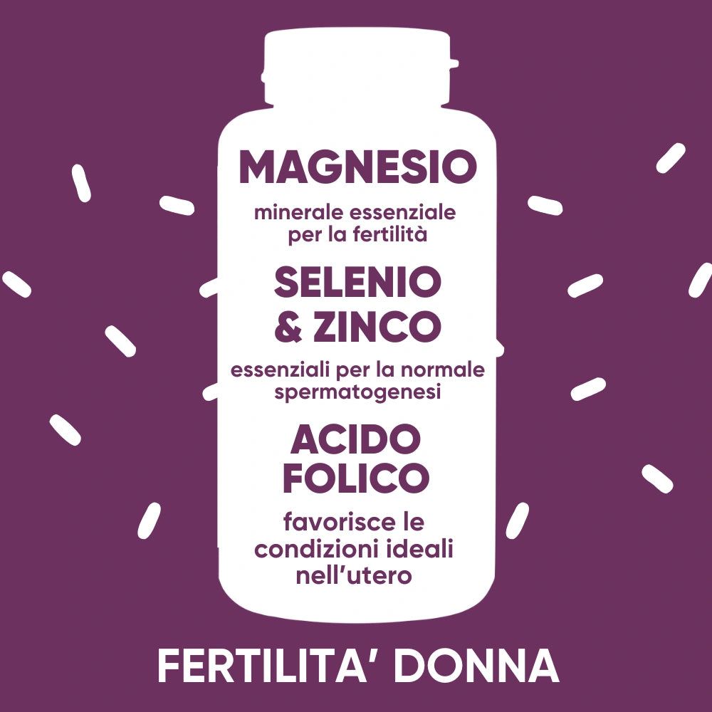 Magnesio, selenio, zinco e acido folico. Per la fertilità. Testo su sfondo viola con elementi bianchi.