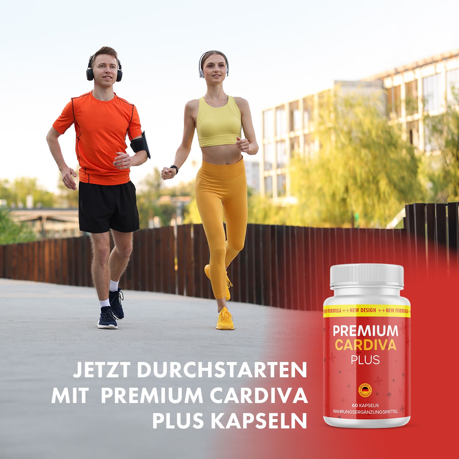 Due persone fanno jogging. Flacone con etichetta rossa: PREMIUM CARDIVA PLUS. Testo: INIZIA ORA CON LE CAPSULE PREMIUM CARDIVA PLUS.