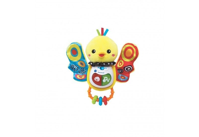 Giocattolo a forma di uccello giallo con ali colorate e anello. Pannello di controllo con pulsanti e testo sul ventre.