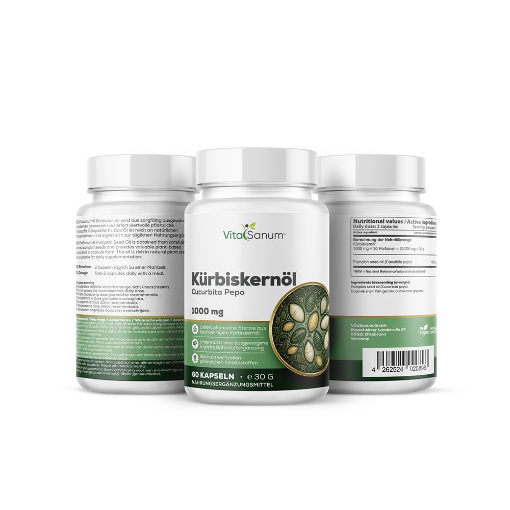 Tre flaconi di capsule VitaSanum Olio di semi di zucca, 1000 mg.