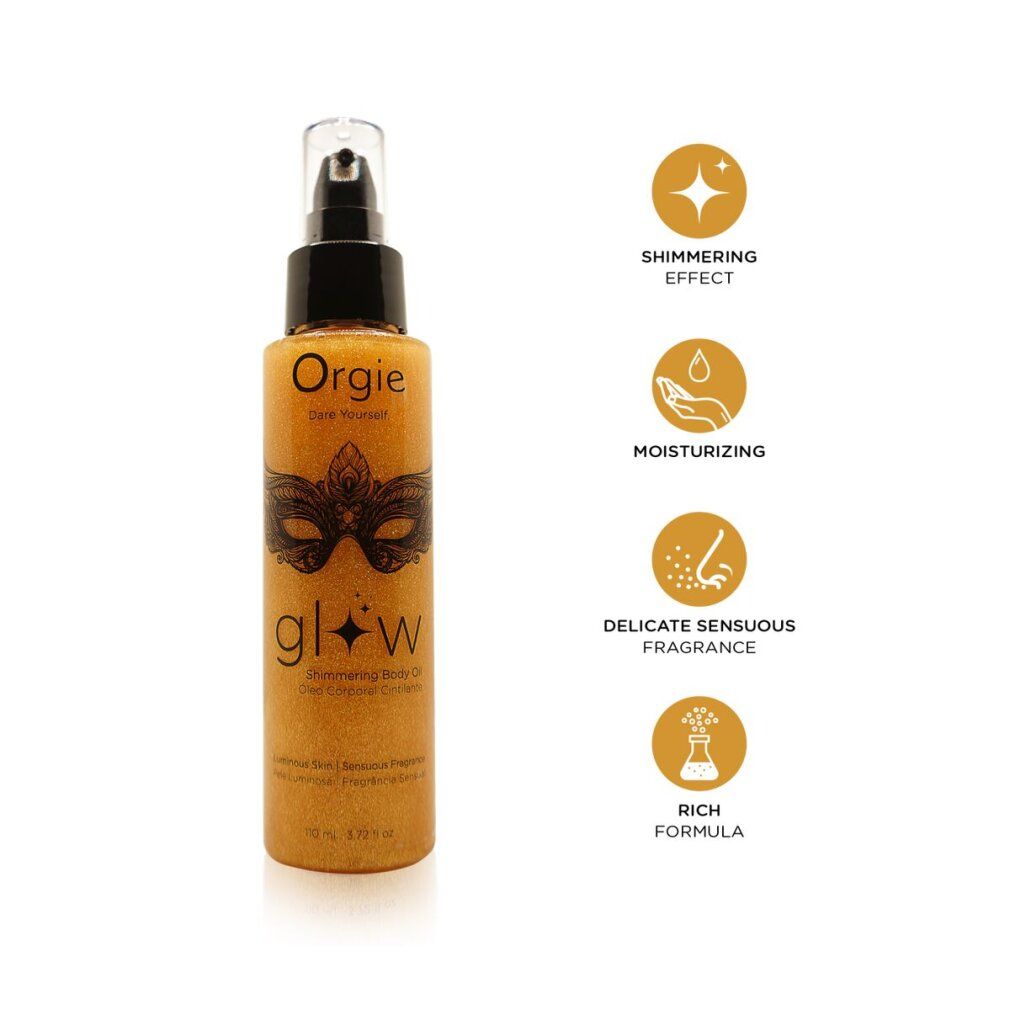 Flacone di olio per il corpo con dosatore a pompa. Olio dorato con etichetta: Orgie, Glow, maschera. Icone: brillantezza, idratazione, profumo, formula.