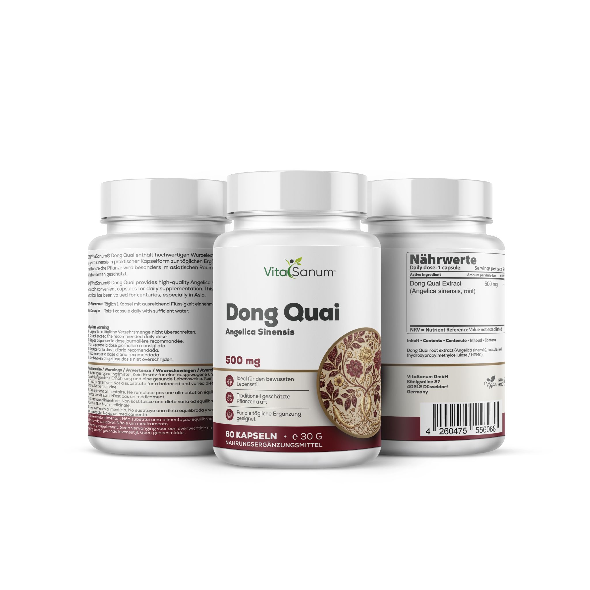 Tre flaconi di capsule VitaSanum Dong Quai, 500 mg, 60 capsule vegane per flacone.
