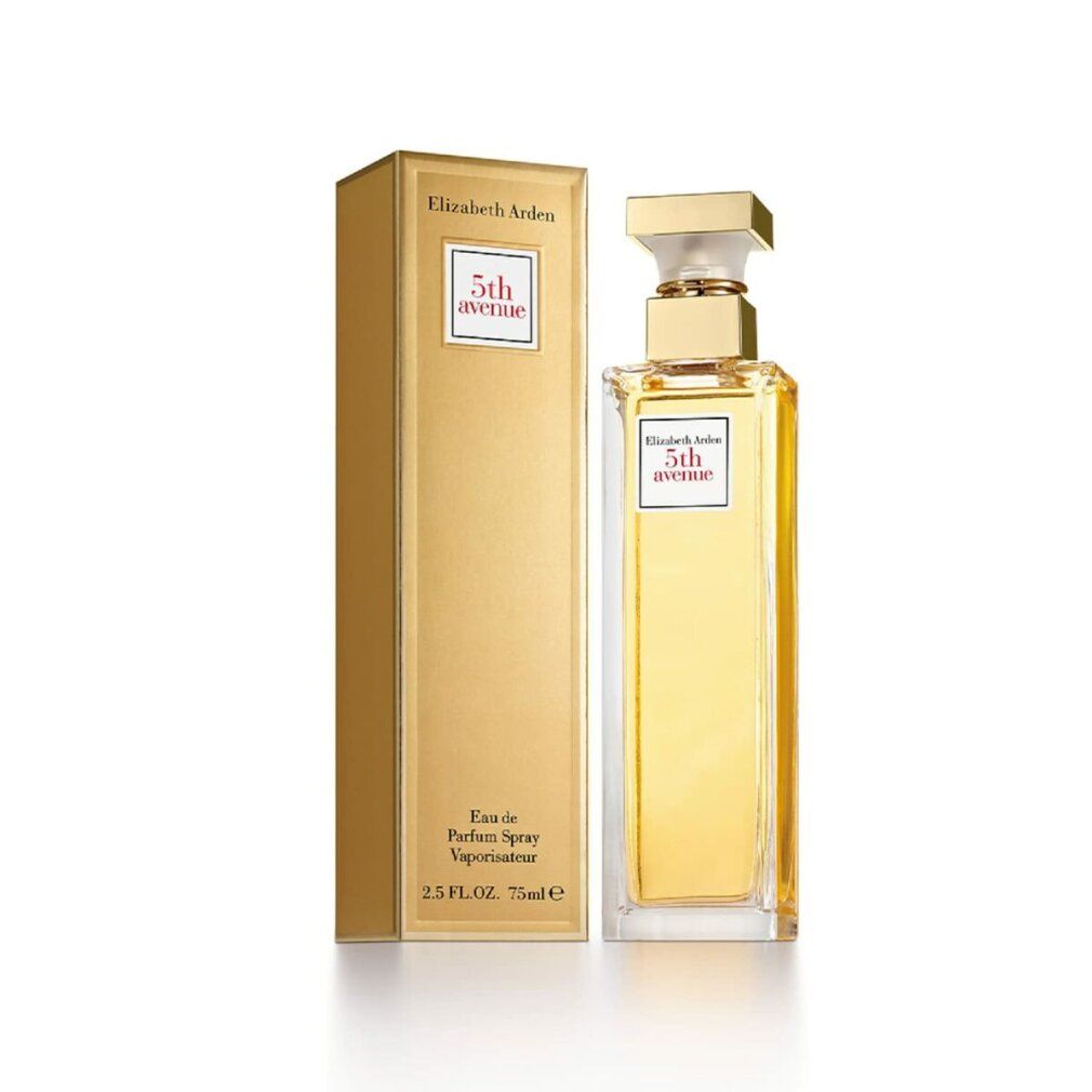 Flacone di profumo e scatola dorata. Sulla scatola, Elizabeth Arden 5th avenue. Flacone rettangolare.