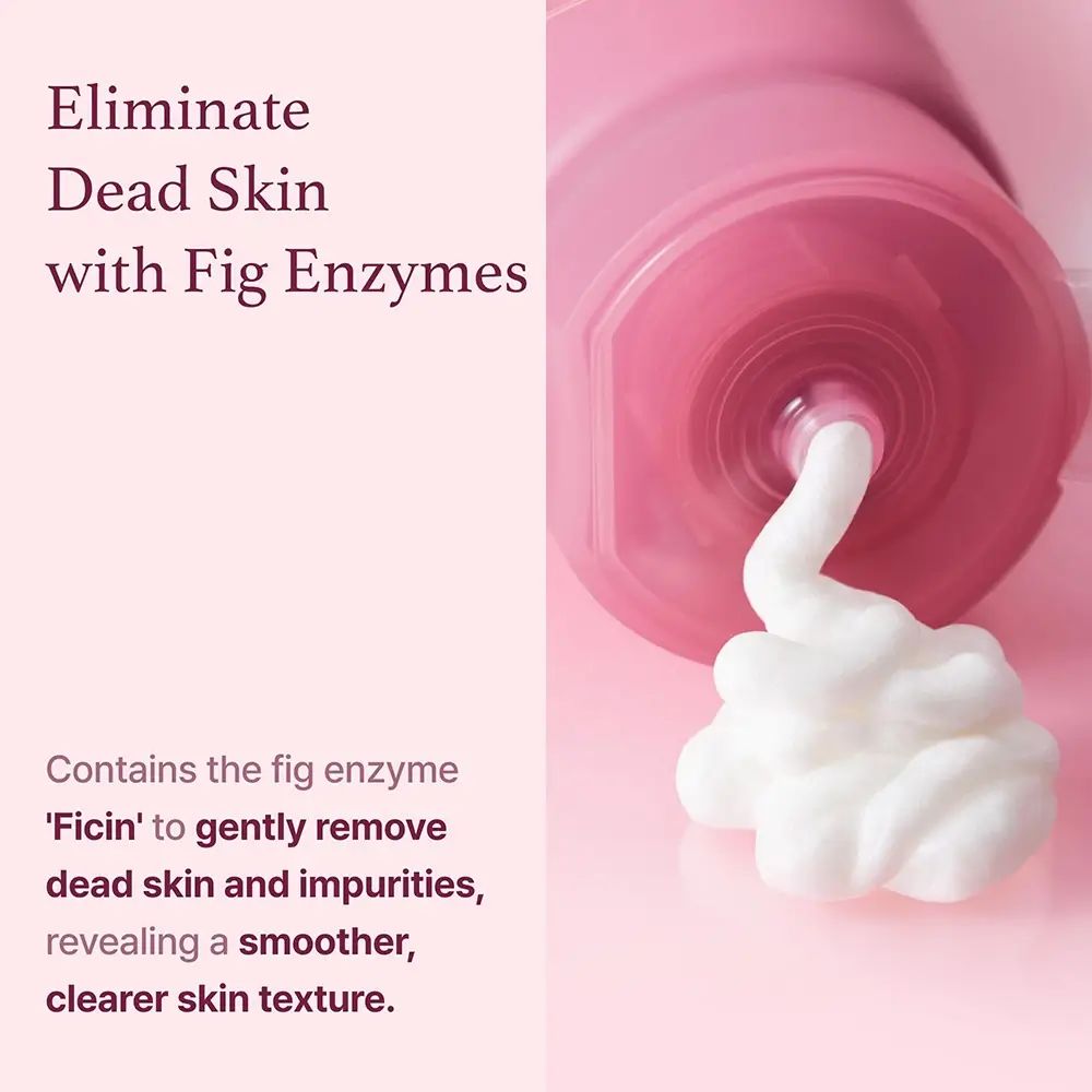 Prodotto, la schiuma esce dal tubo. Testo: Elimina la pelle morta con gli enzimi di fico. Contiene l'enzima di fico 'Ficin'.