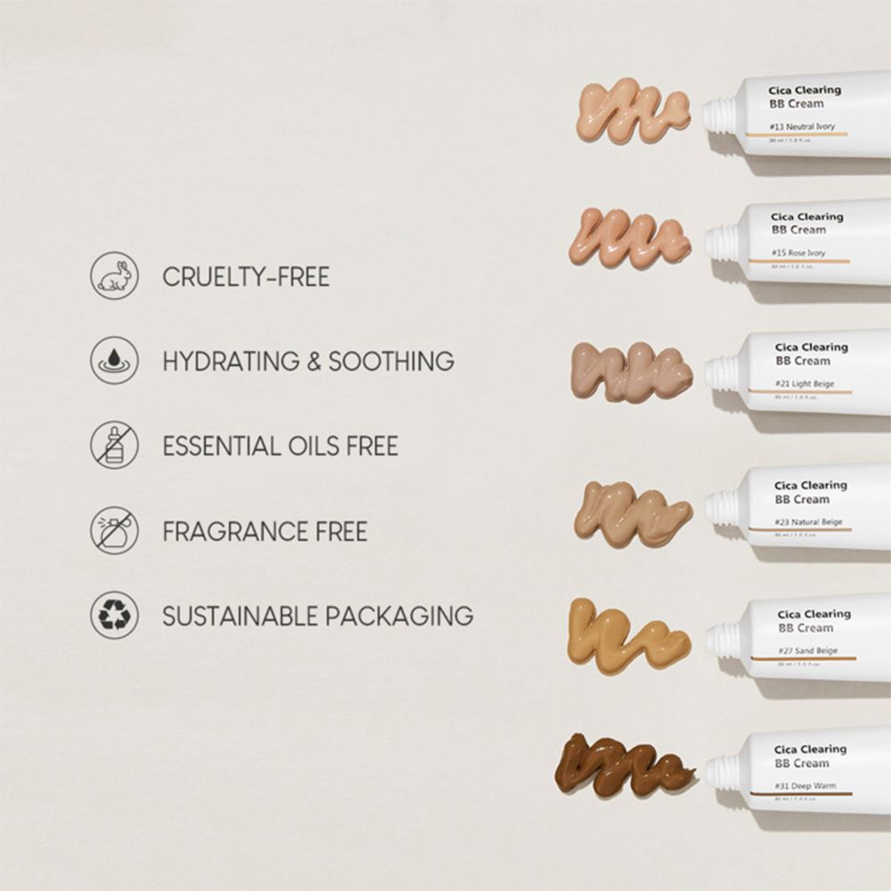 Testo e campioni di colore. Contiene BB Cream. Testo: Cruelty-free, hydrating & soothing, essential oils free.