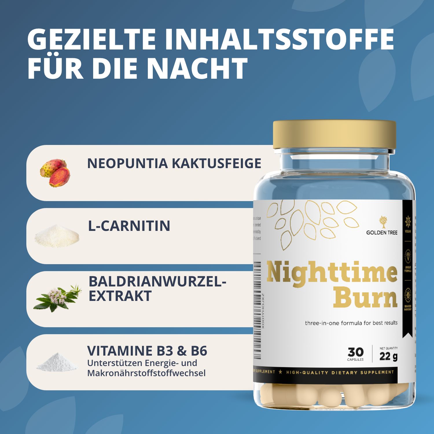 Flacone con capsule ed elenco degli ingredienti come Neopuntia, L-Carnitina, estratto di radice di valeriana, vitamine B3 e B6.