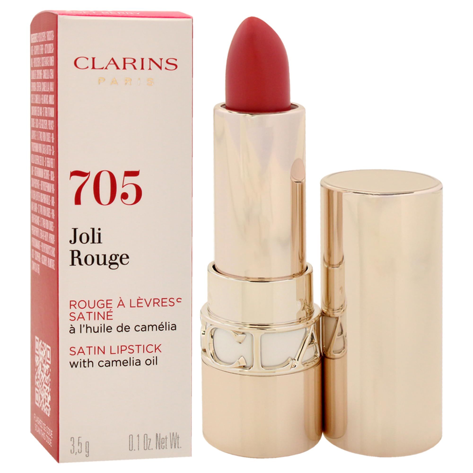 Rossetto rosso in astuccio dorato, aperto. Confezione con nome e dettagli del prodotto.