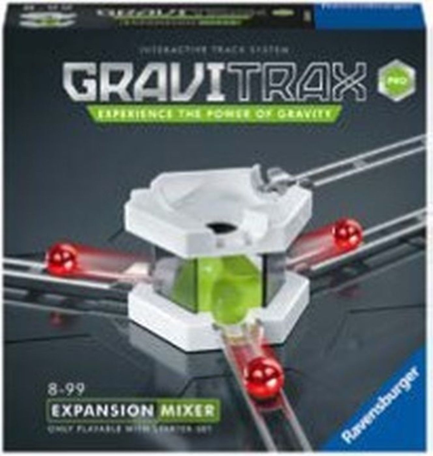 Confezione GraviTrax Pro. Estensione Mixer. Biglie su binari. Logo Ravensburger. Testo: « Expansion Mixer ».