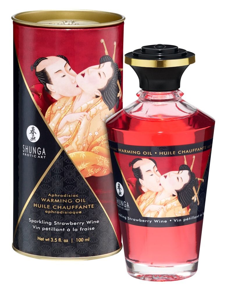 Flacone e lattina di olio riscaldante Shunga, aroma fragola.