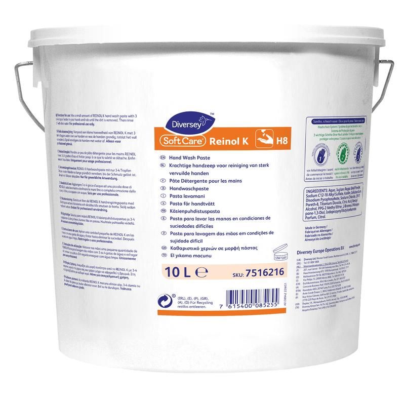 Secchio bianco con manici. Scritta: SoftCare Reinol K, Hand Wash Paste. 10 L. Varie certificazioni.