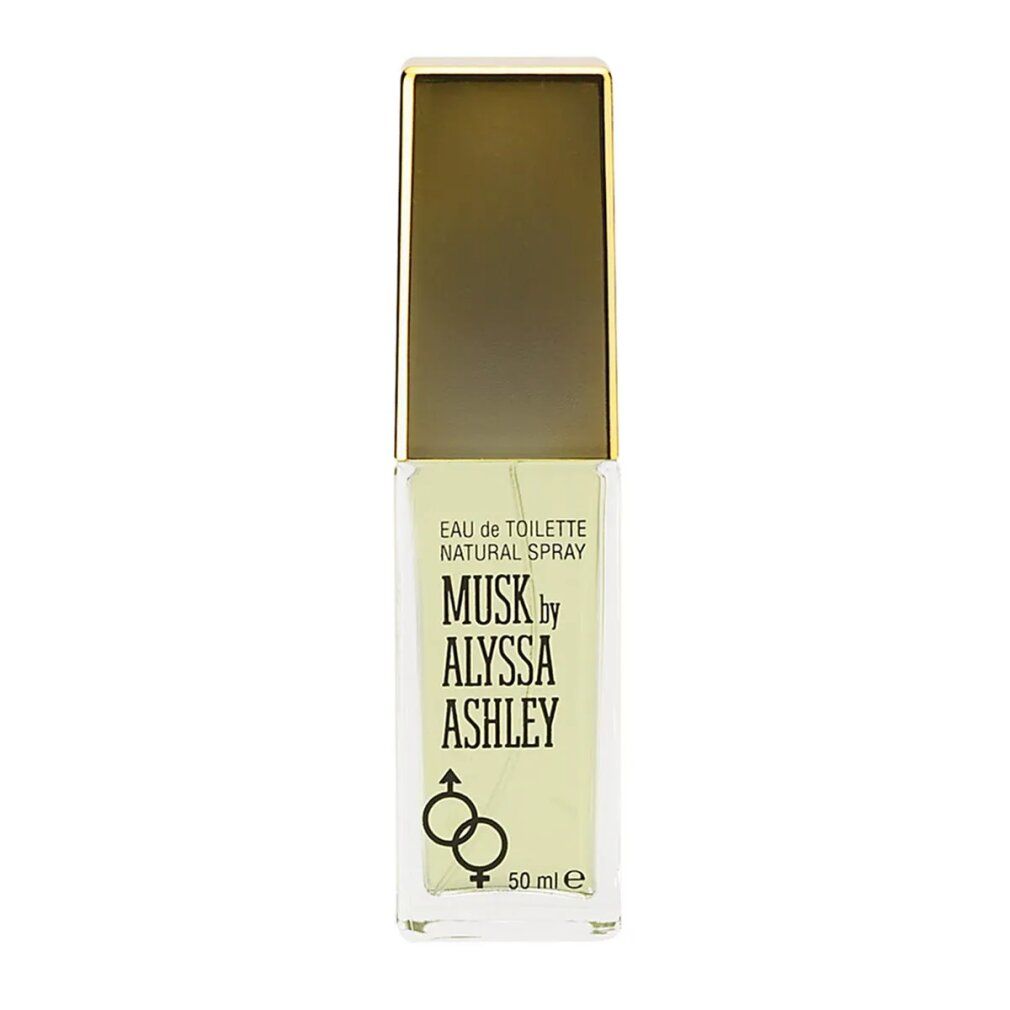 Alyssa Ashley Musk Eau de Toilette Spray, 50 ml. Flacone rettangolare con tappo dorato. Logo e simbolo.