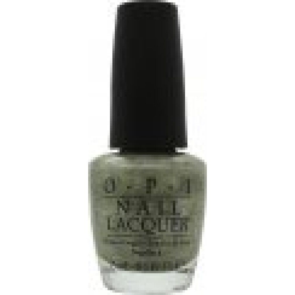 Flacone di smalto OPI. Colore verde-grigio. Tappo nero. Scritta: OPI NAIL LACQUER. 15 ml.
