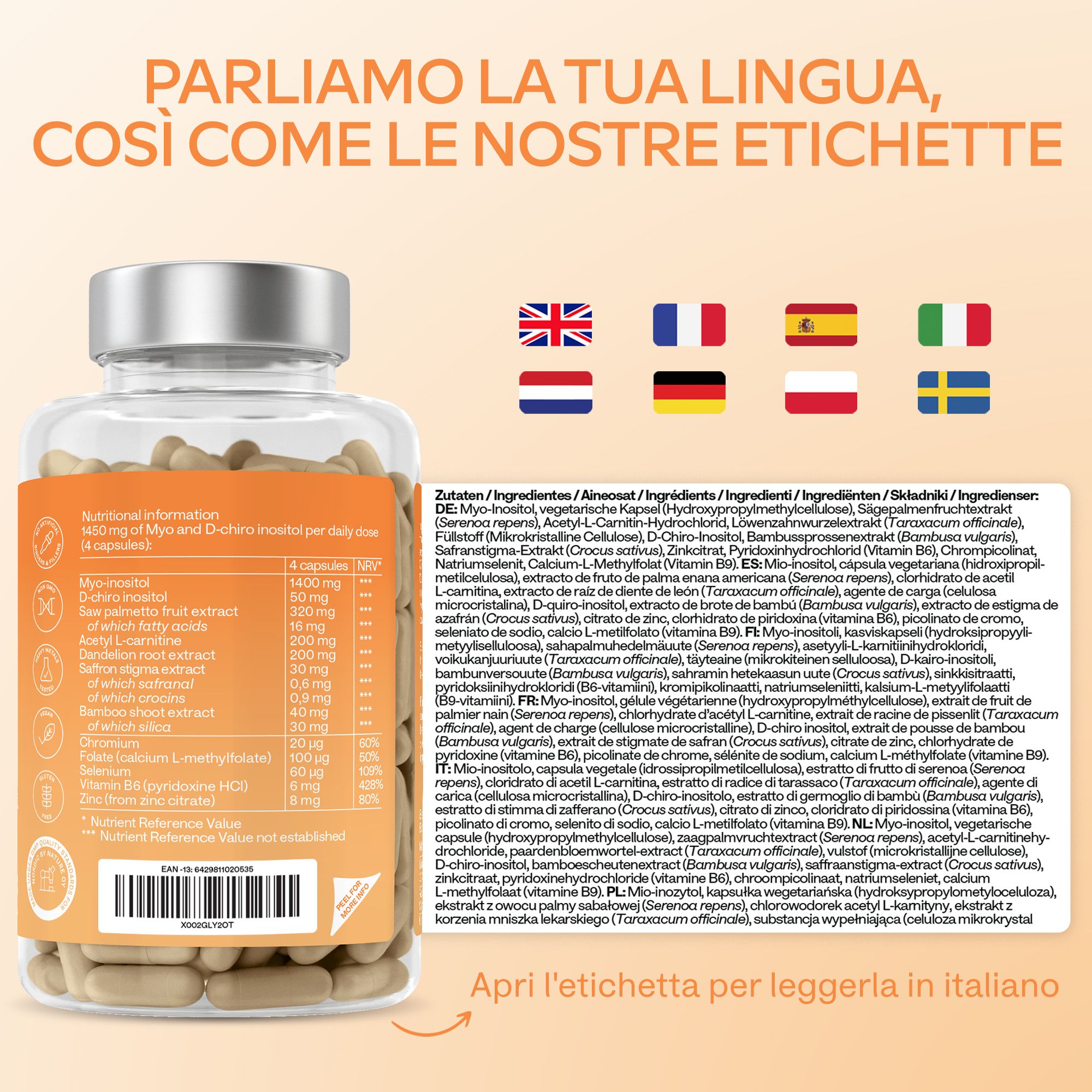 Retro del flacone con testo in diverse lingue. Contiene Myo-inositolo, D-chiro-inositolo e altri ingredienti.