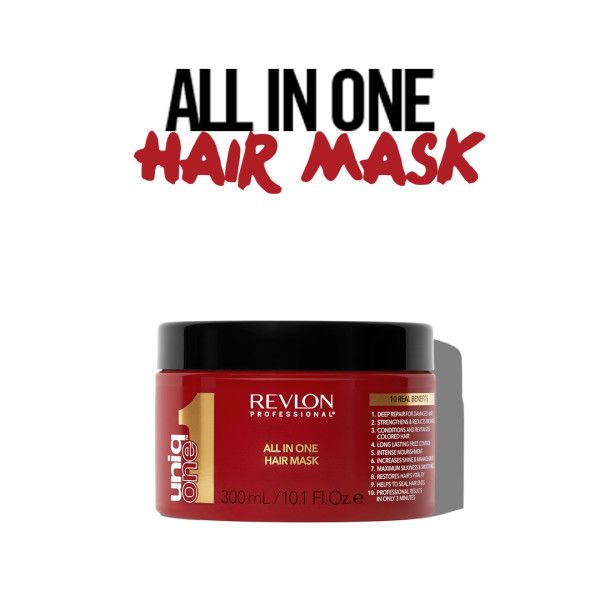 Barattolo rosso con coperchio nero. Scritta: Revlon Professional, UniqOne, All in One Hair Mask. 300ml/10.1 Fl.oz.e.