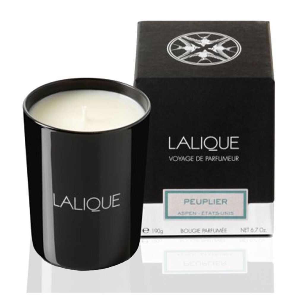 Candela nera e confezione. Scritta: LALIQUE, PEUPLIER, Bougie Parfumée. Candela in vetro. Confezione con logo ed etichetta.