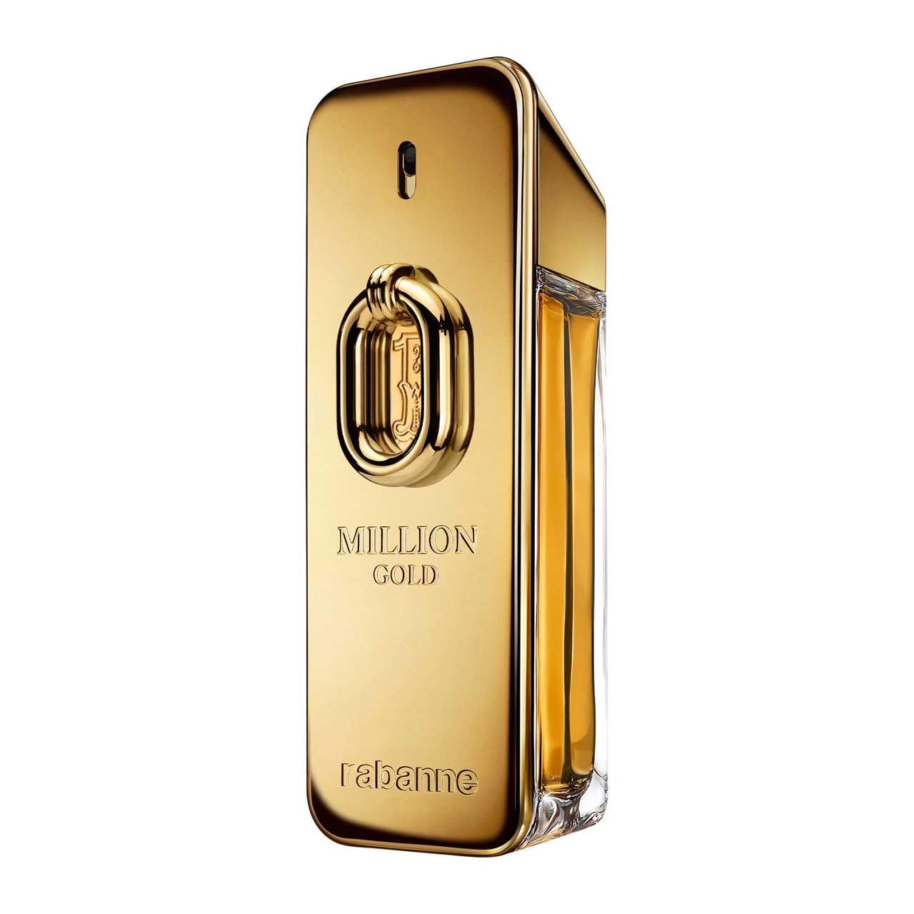 Flacone dorato con logo e scritta. Forma rettangolare. Scritta "Million Gold" e "rabanne".