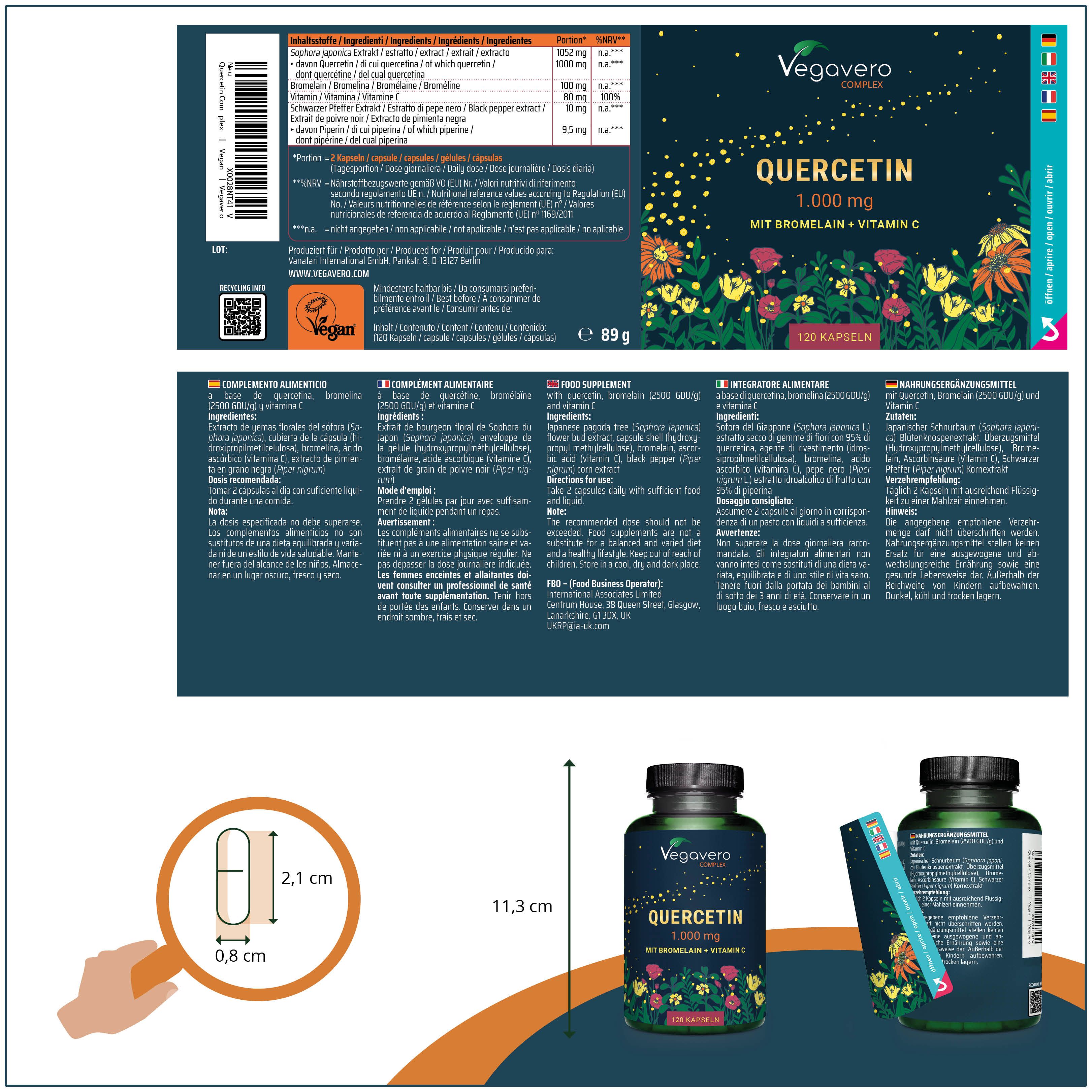 Confezione del prodotto con immagine del flacone e informazioni. Contiene informazioni sugli ingredienti e sui valori nutrizionali. Vegavero.