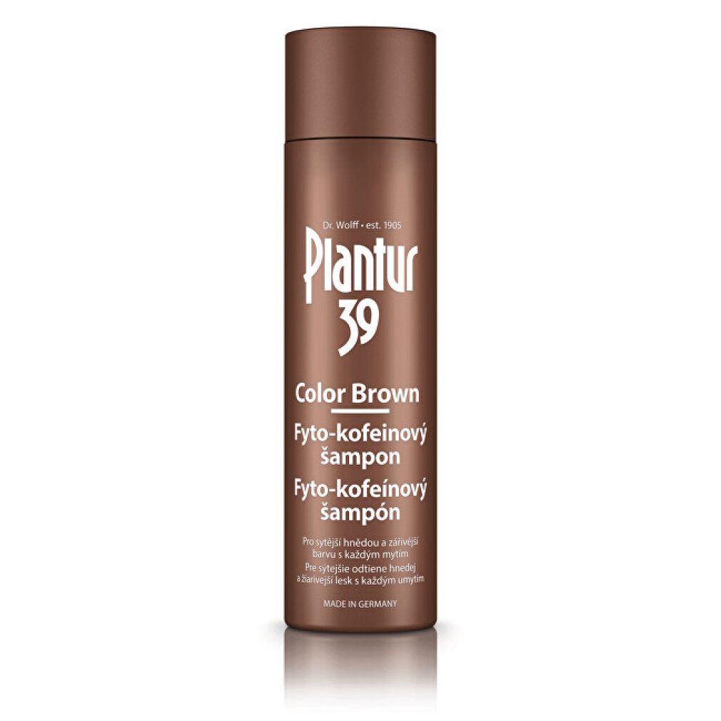 Flacone di shampoo marrone. Plantur 39, Color Brown, Fyto-kofeínový šampon. Testo sulla bottiglia.