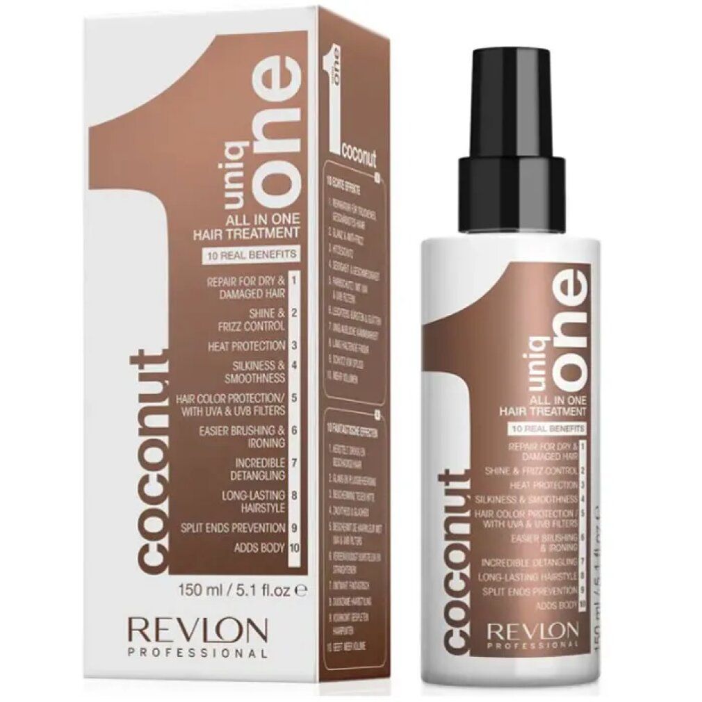 Flacone e confezione. Scritta: Revlon Uniq One Coconut Hair Treatment. 10 benefici. 150ml.