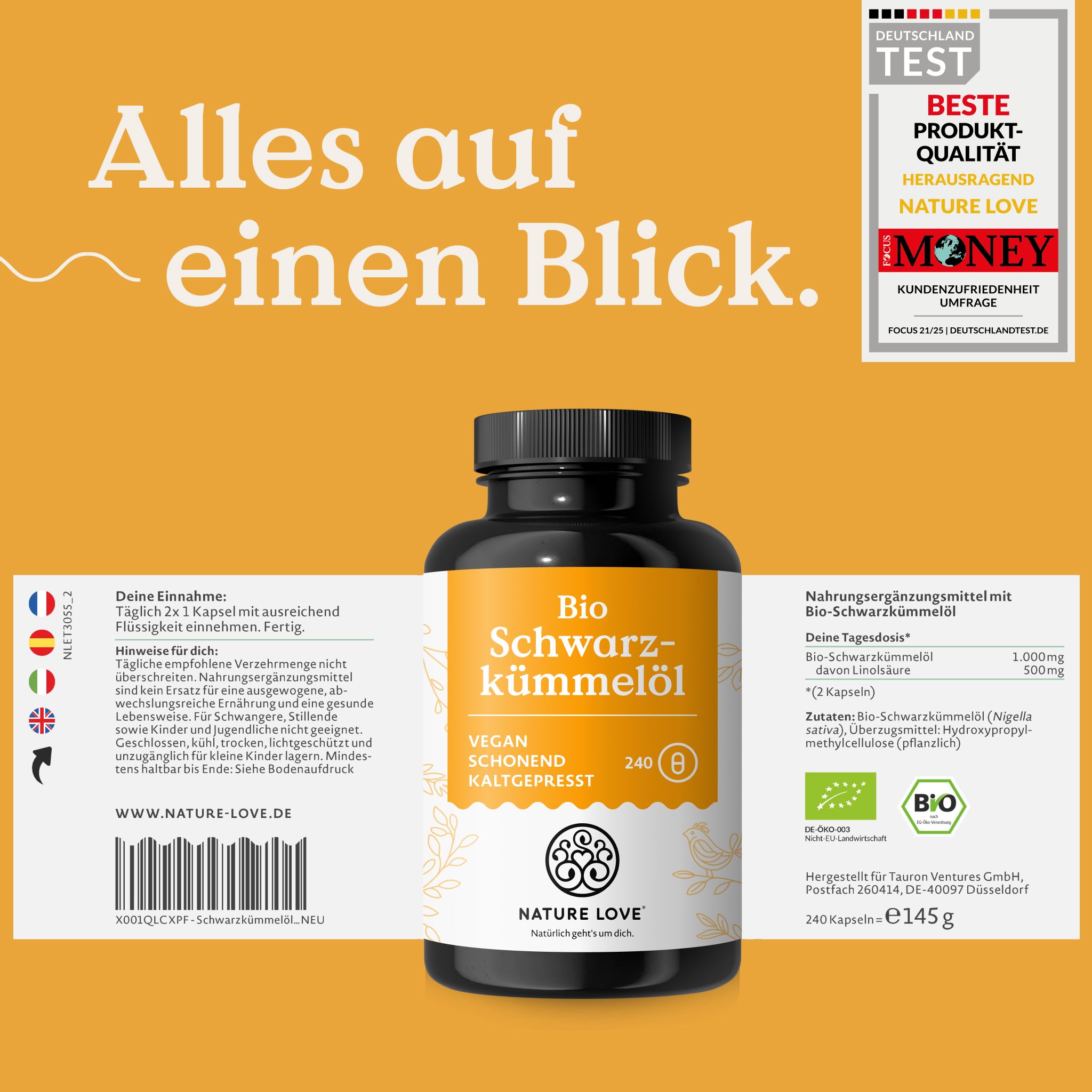 Flacone di olio di cumino nero biologico. 240 capsule. Sigilli: "Deutschland Test", "Migliore Qualità Prodotto", "Nature Love", "Money".