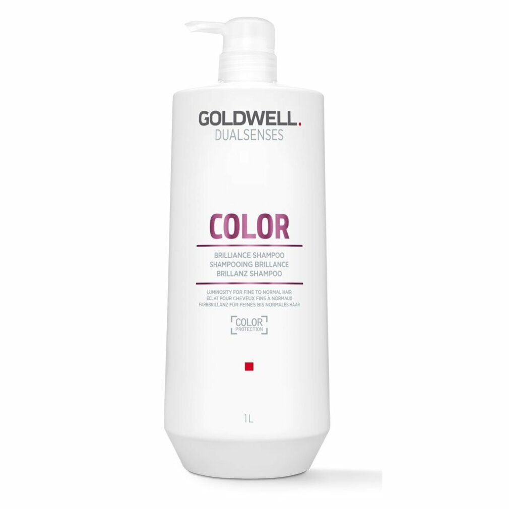 Flacone di shampoo bianco con dosatore a pompa. Scritta: Goldwell Dualsenses Color. Nome prodotto: Brilliance Shampoo. 1L.
