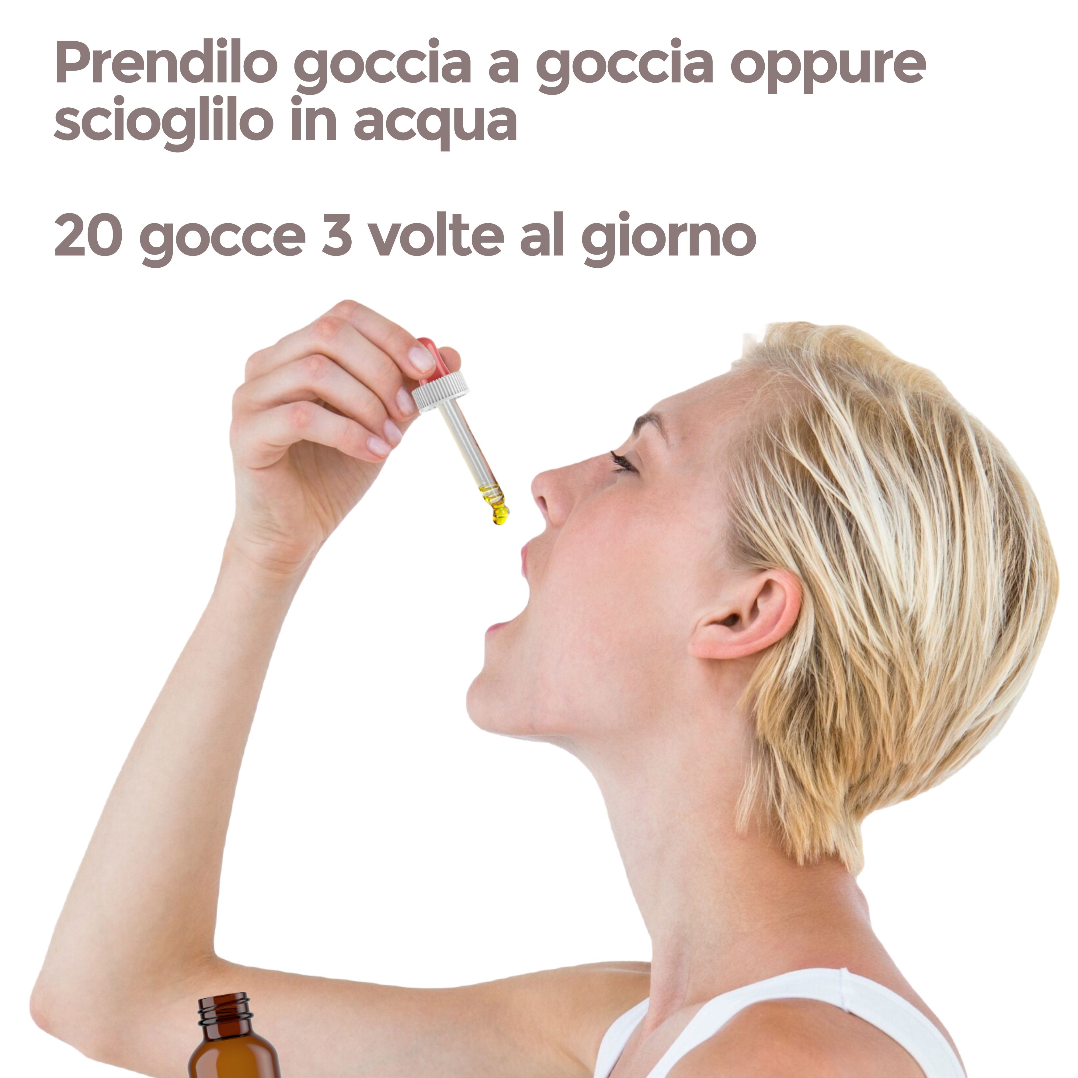 Donna che beve gocce da un contagocce. Flacone marrone. Testo: 20 gocce 3 volte al giorno.