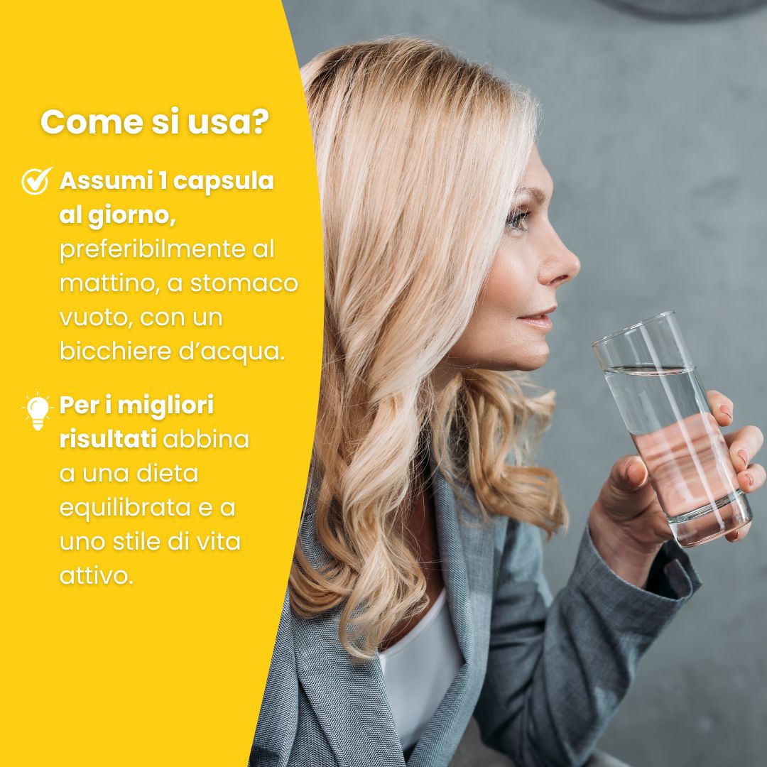 Donna che beve acqua. Testo: Come si usa? Assumere 1 capsula al giorno...
