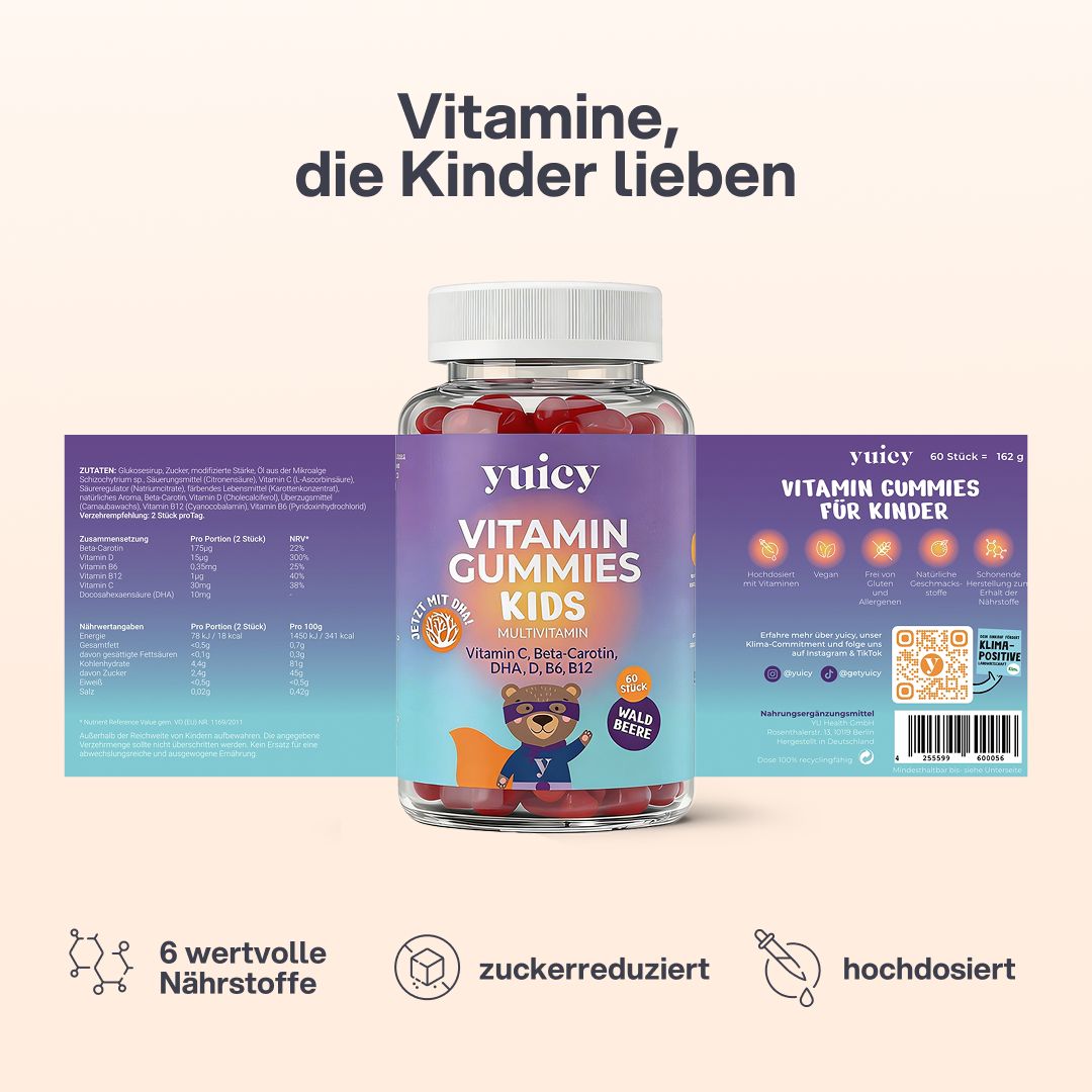 Una bottiglia di Vitamin Gummies Kids con confezione aperta. Testo: 6 nutrienti preziosi, a ridotto contenuto di zucchero, ad alto dosaggio.