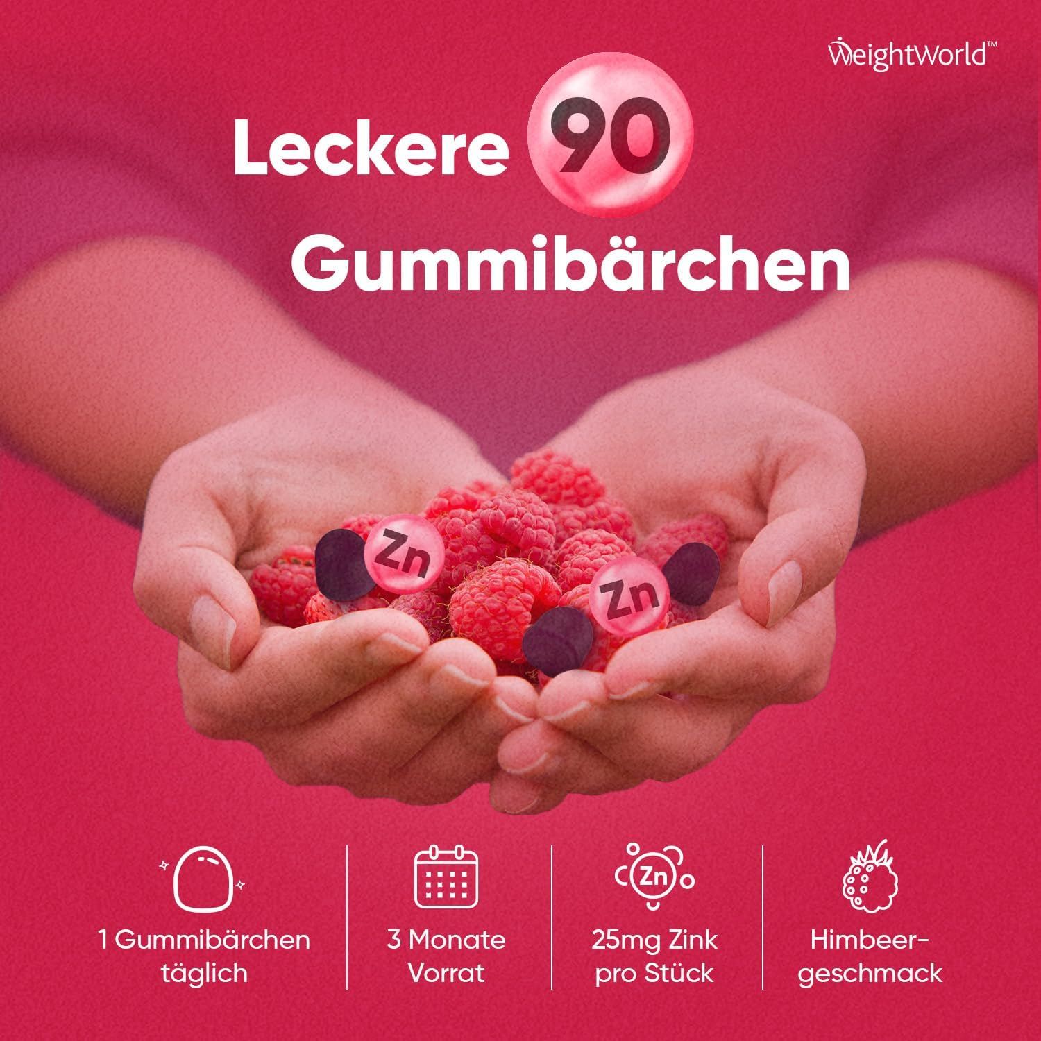 Mani che tengono lamponi e Zink Gummibärchen. 90 caramelle gommose. 1 caramella gommosa al giorno. 3 mesi di scorta.