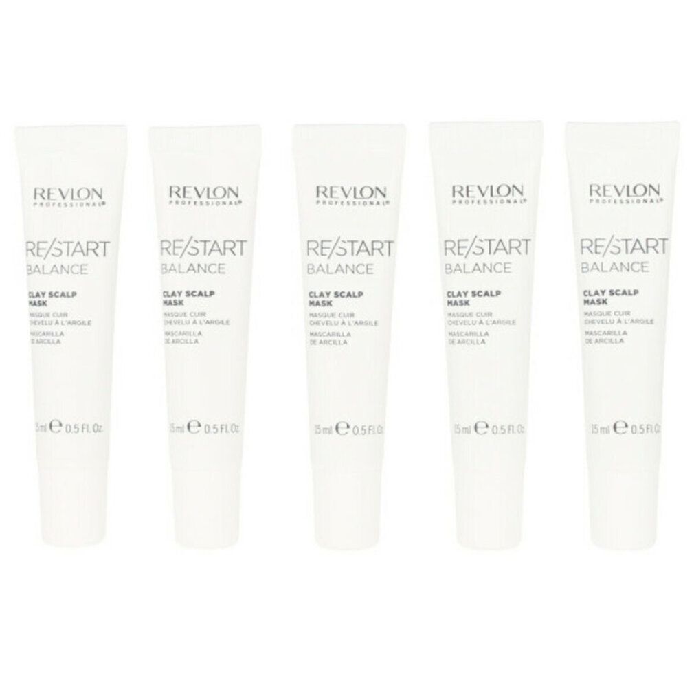 Cinque tubetti bianchi con testo grigio. Ogni tubetto riporta "Revlon Professional Re/Start Balance Clay Scalp Mask".