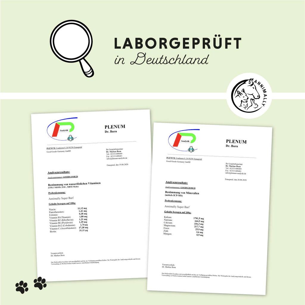 Due documenti di test di laboratorio. Testo: TESTATO IN LABORATORIO in Germania. Logo. Impronte di zampe.