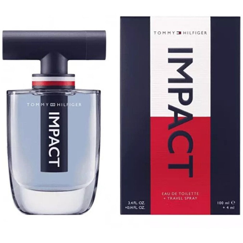 Flacone e confezione Tommy Hilfiger Impact Eau de Toilette. Tappo nero, scritta IMPACT. Confezione con testo rosso e bianco.