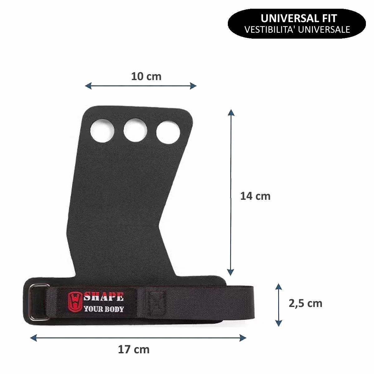 Rinforzi per la presa neri con tre fori per le dita. Dimensioni: 17 cm di larghezza, 14 cm di altezza, 10 cm di larghezza della presa, 2,5 cm di spessore. Con chiusura in velcro e logo 'Shape Your Body'.