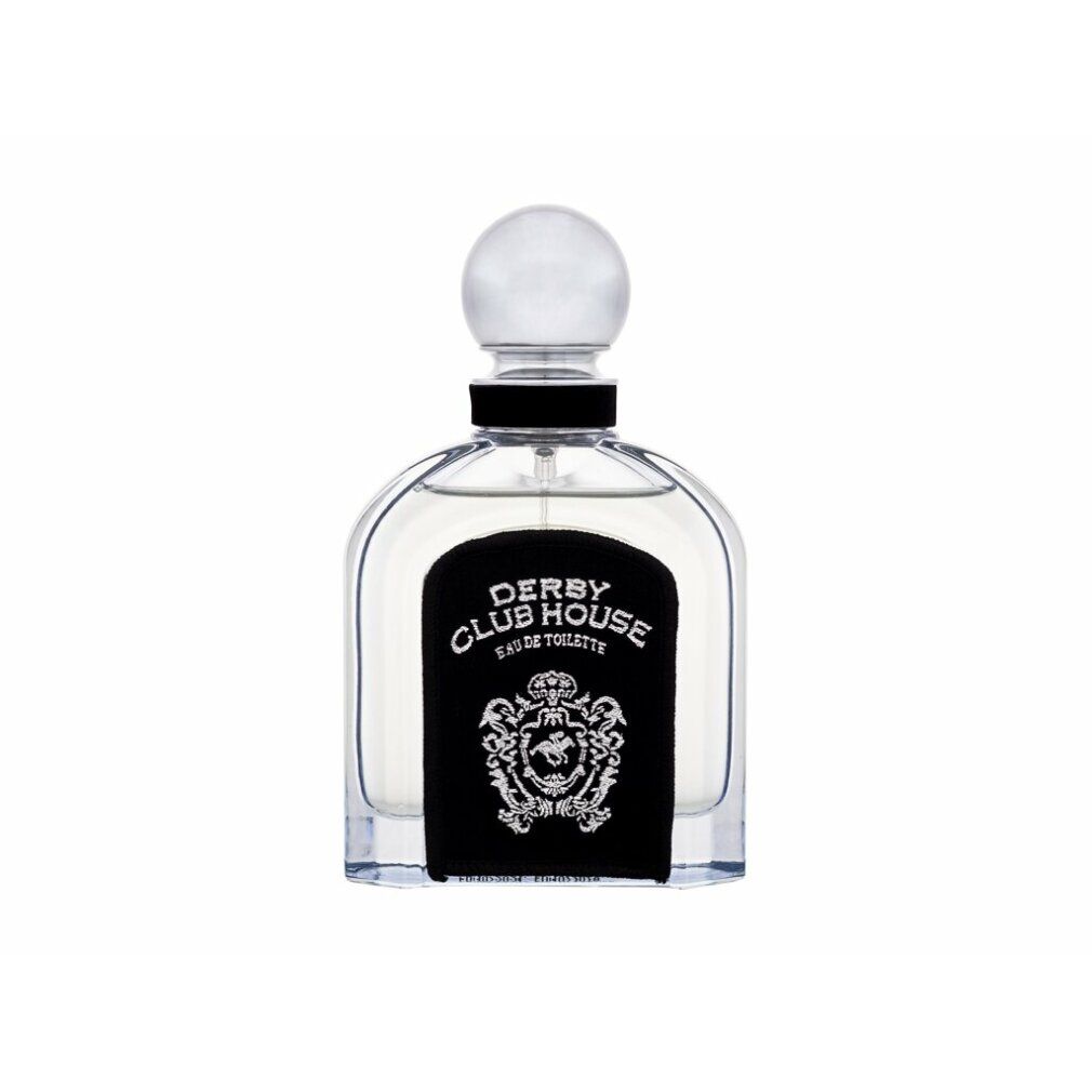 Flacone trasparente di Derby Club House Eau de Toilette. Etichetta nera con logo bianco. Tappo trasparente.