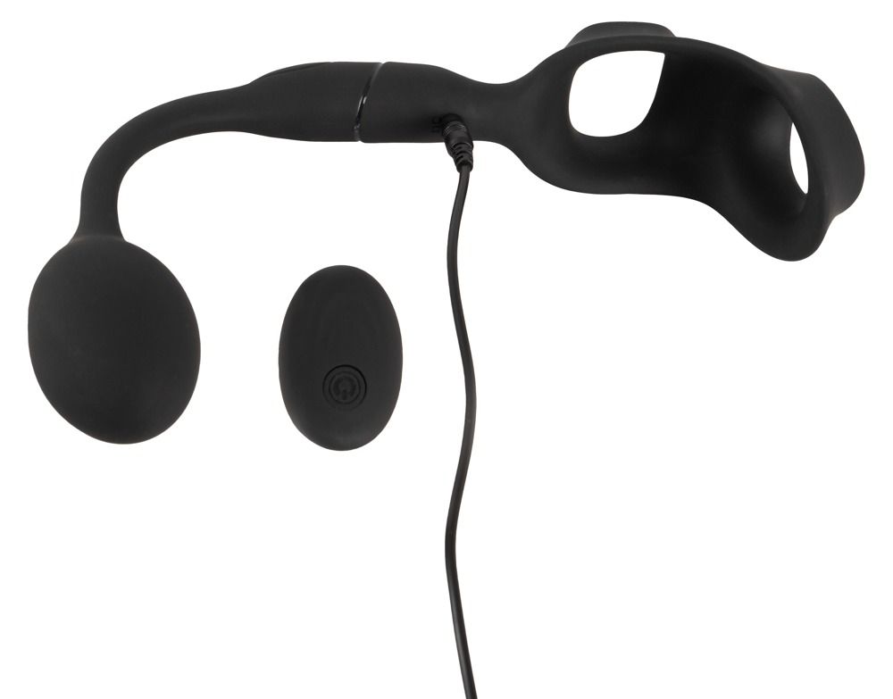 Anello fallico nero con anello scrotale e plug anale. Con telecomando e cavo di ricarica.