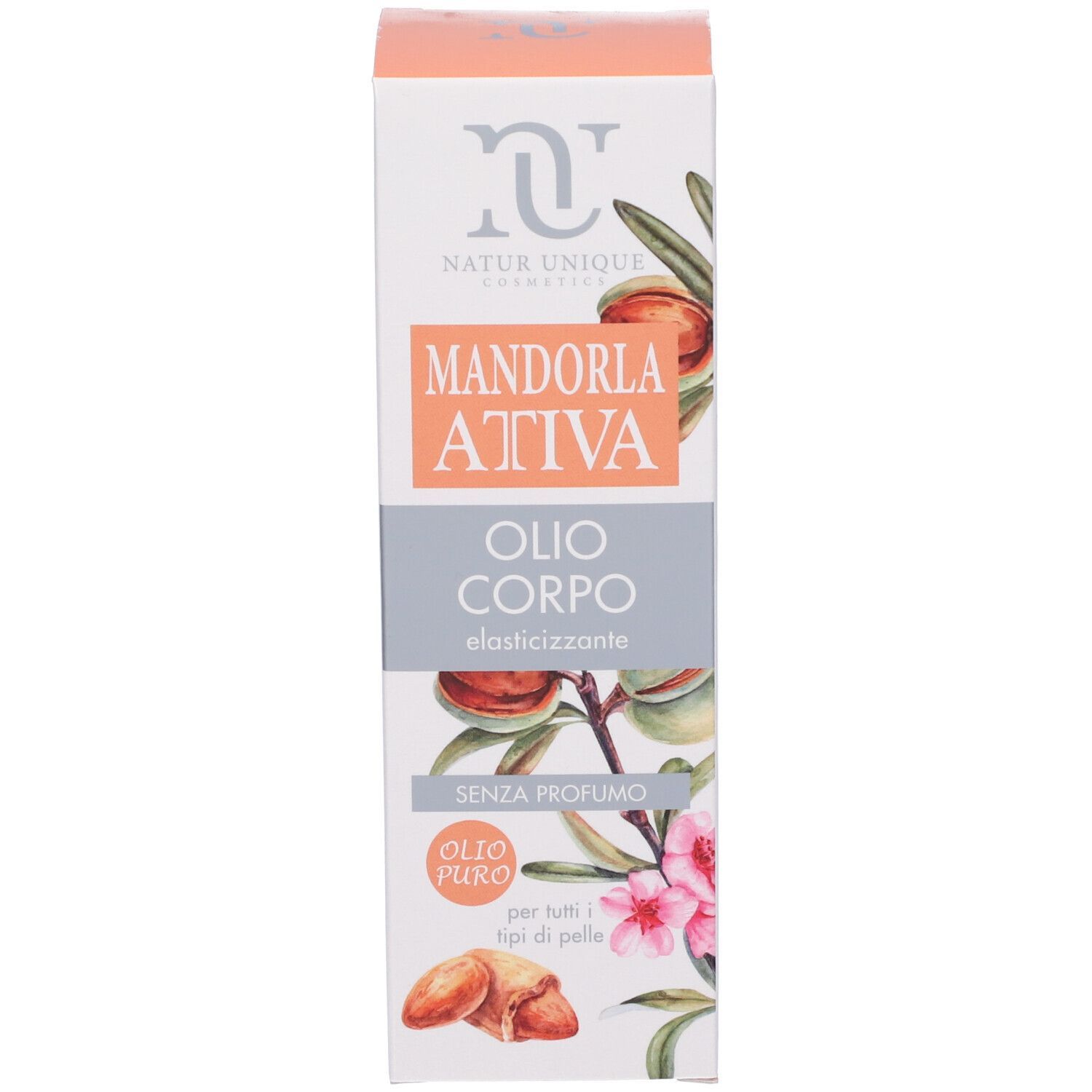 Confezione con nome del prodotto e illustrazioni. Testo in italiano. Tonalità arancioni e bianche.