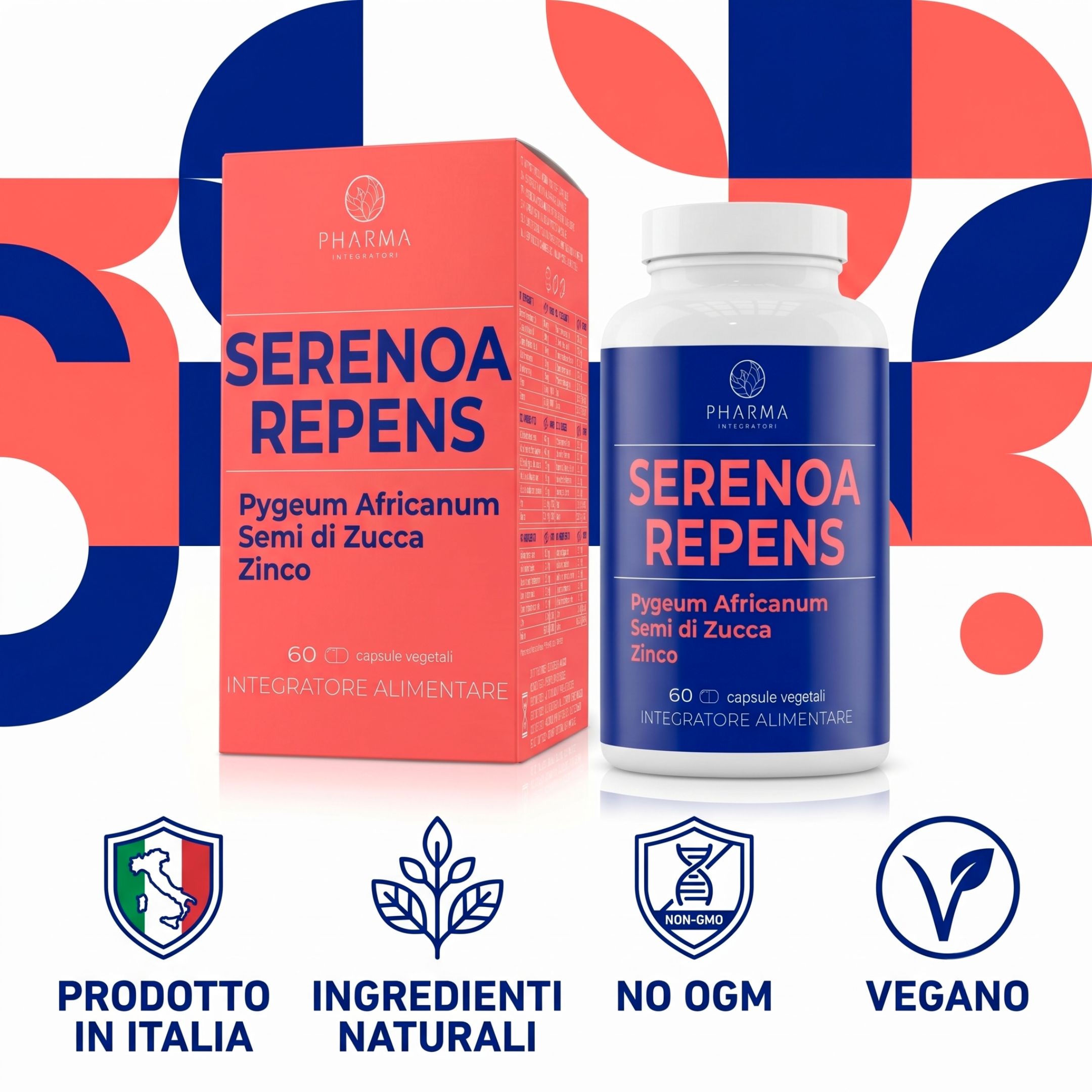 Flacone e confezione Serenoa Repens con sigilli: Prodotto in Italia, Vegano.