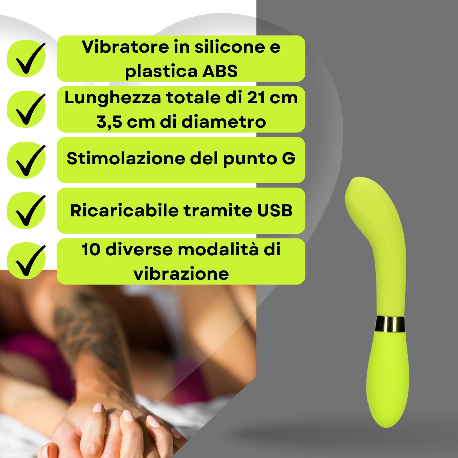 Vibratore verde chiaro. Testo con info: materiale, lunghezza, stimolazione punto G, ricarica USB, modalità.