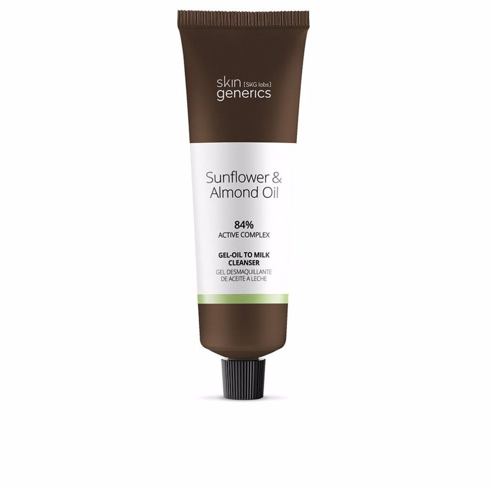 Tubo marrone con tappo nero. Scritta: Sunflower & Almond Oil, 84% Active Complex, Gel-Oil to Milk Cleanser. Marchio: skin generics.