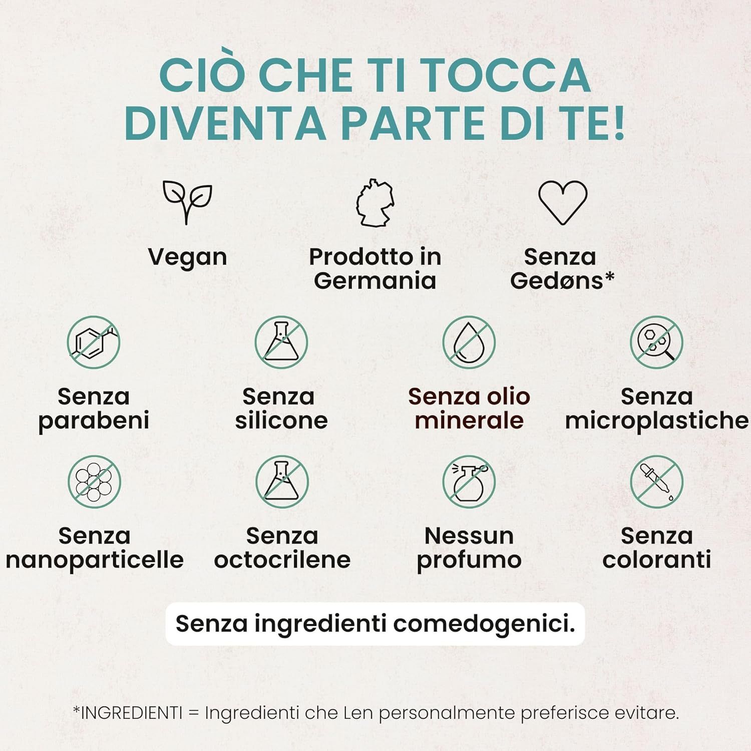 Testo: Vegano, prodotto in Germania, senza parabeni, siliconi, oli minerali, microplastiche, nanoparticelle, octocrilene, profumo, coloranti.
