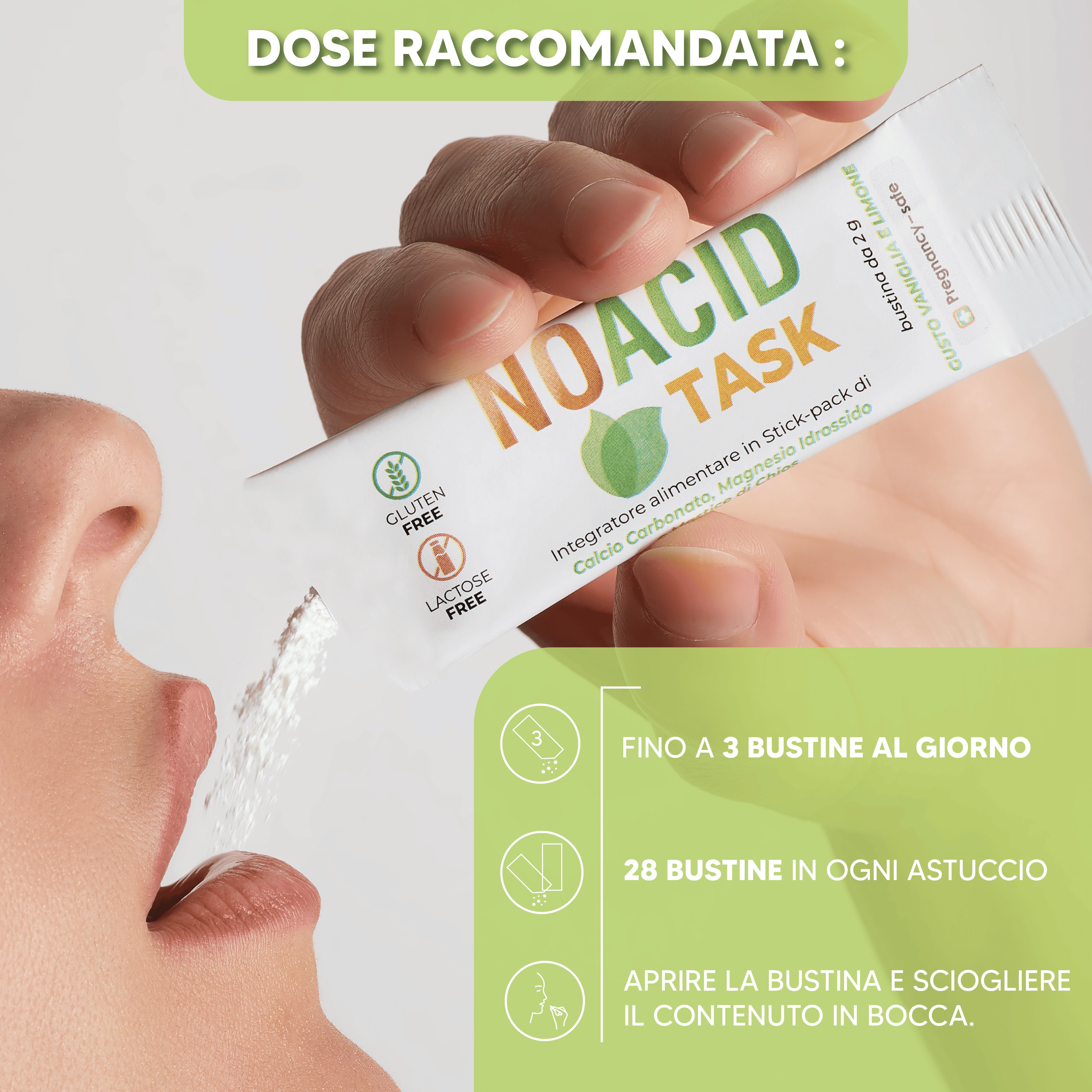 Persona prende polvere da bustina in bocca. Testo: No Acid Task, senza glutine, senza lattosio. Fino a 3 bustine al giorno. 28 bustine per confezione.